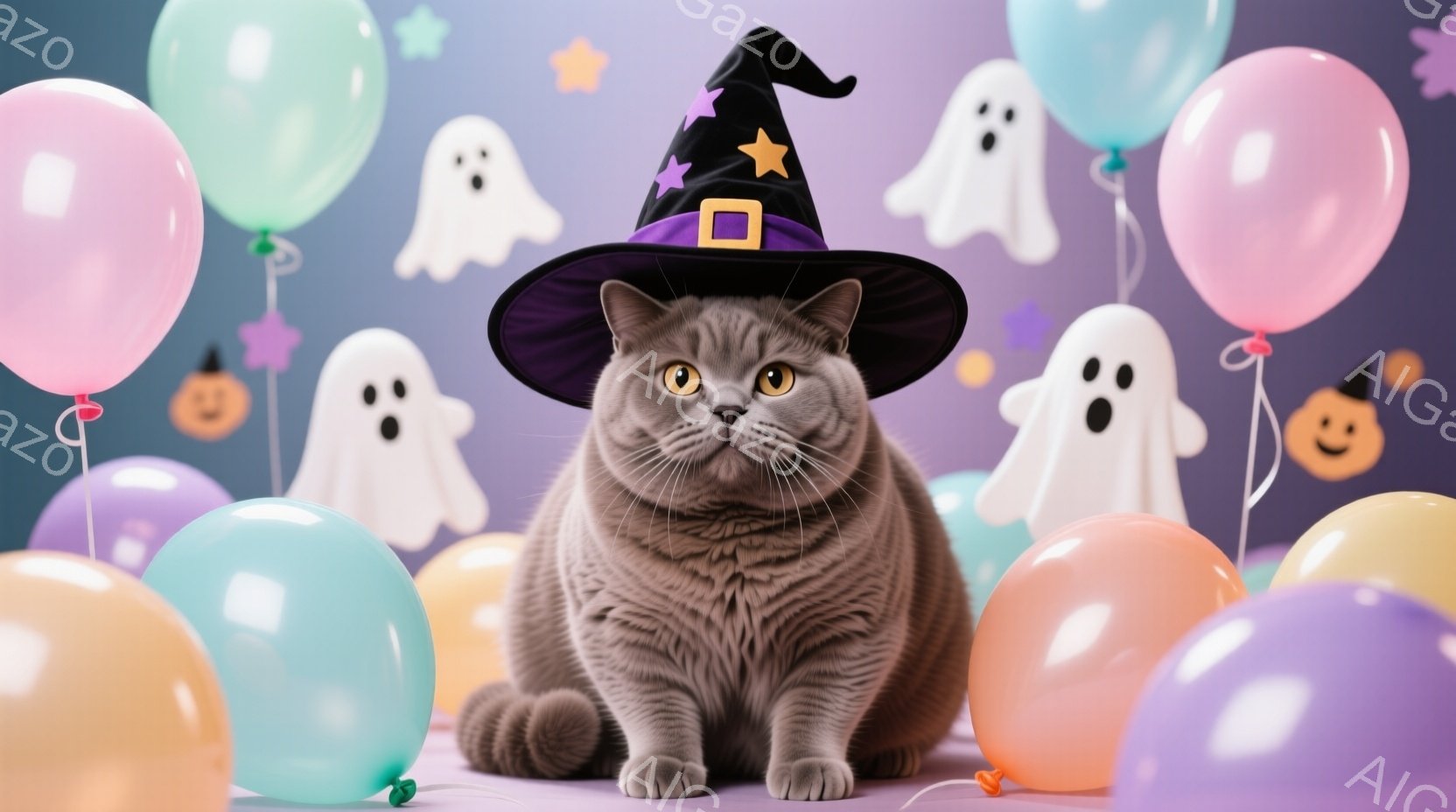 灰色の毛並みの猫が、ハロウィーン用の紫色の帽子を被って座っています。その表情は少し警戒しているようで、大きな金色の瞳が印象的です。背景には、パステルカラーの風船やハロウィーンの幽霊の飾りがあり、お祝い - AI生成フリー素材