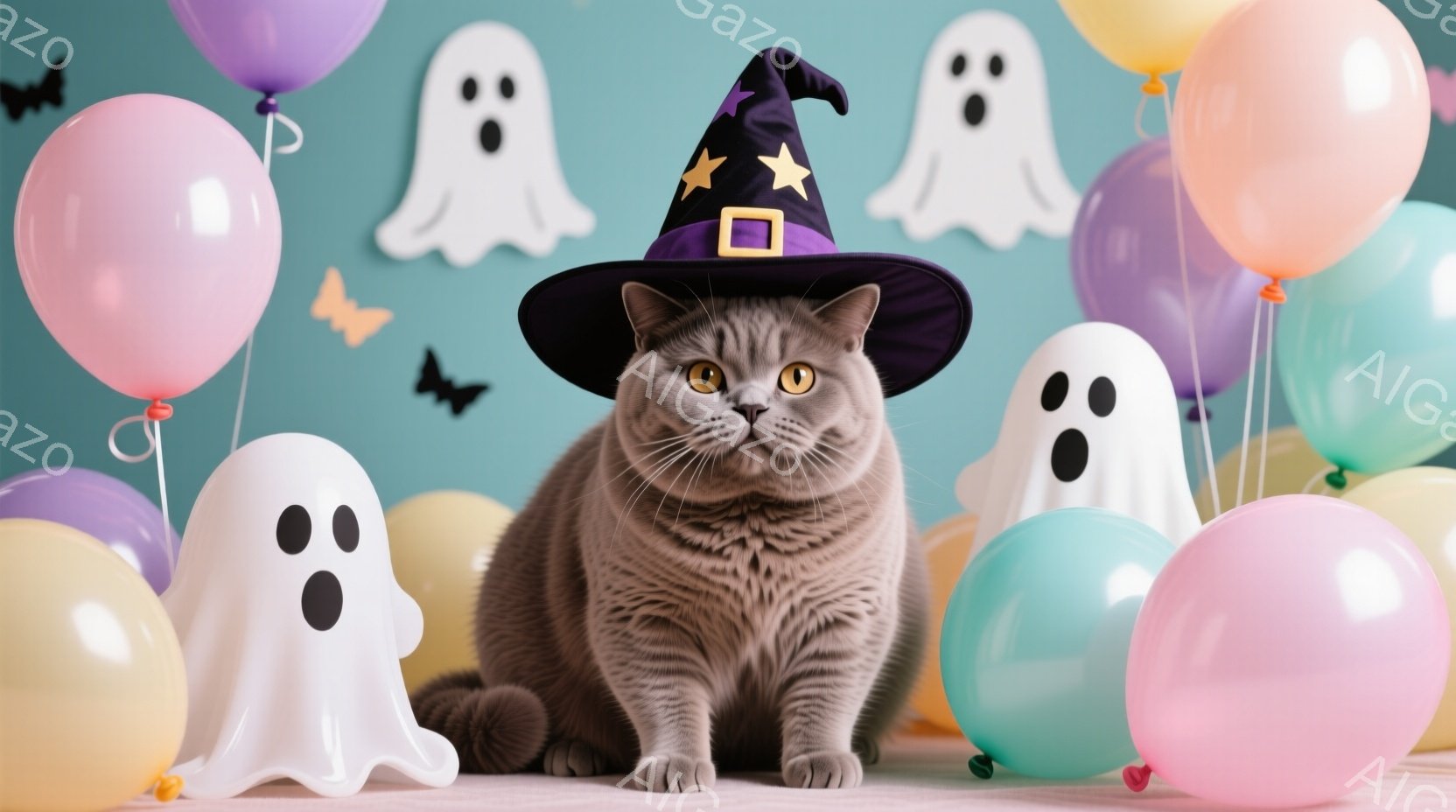 グレイトジャックが魔法使いの格好で、周りにホログラフィカルな幽霊と歓声バルーンがあるホリデースタイルの写真です。猫は仕草をして、魔法使いの格好の服を身に着けており、感情的には興味と関心が表されています。背景は明るく、鮮やかな色が混ざり合っており、全体の雰囲気は楽しみとホリデーの魔法を感じさせるものです。