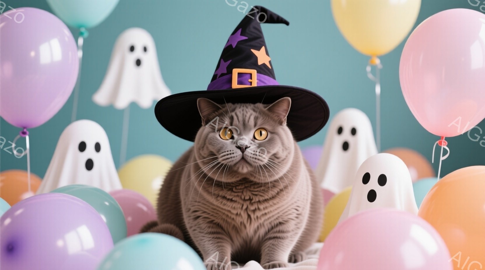 灰色の毛並みの猫がハロウィーンの帽子をかぶり、正面を見つめている。背景には、パステルカラーの風船と白い幽霊の飾り付けがあり、全体的に明るく楽しい雰囲気を醸し出している。猫の表情はどこか気まぐれで、ハロ - AI生成フリー素材