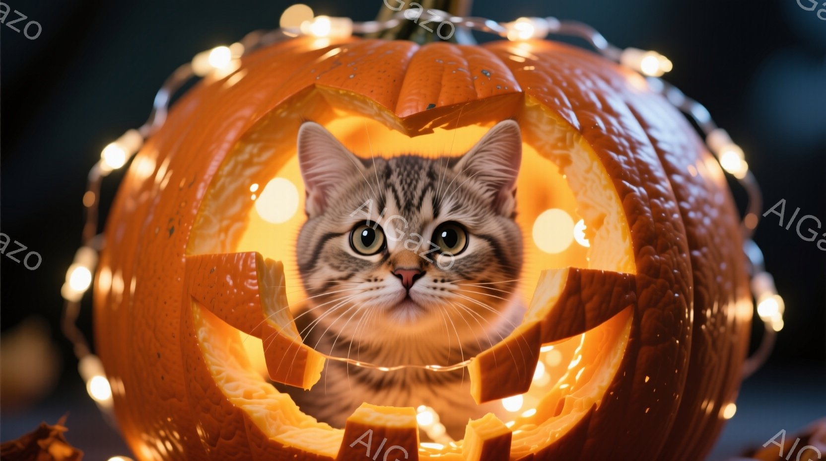 縞模様の猫が、ハロウィンカボチャの中から顔を覗かせています。カボチャは内部からオレンジ色の光で照らされており、猫の大きな緑色の瞳が際立っています。背景には、ぼんやりとした光の糸が飾られており、暖かく遊 - AI生成フリー素材