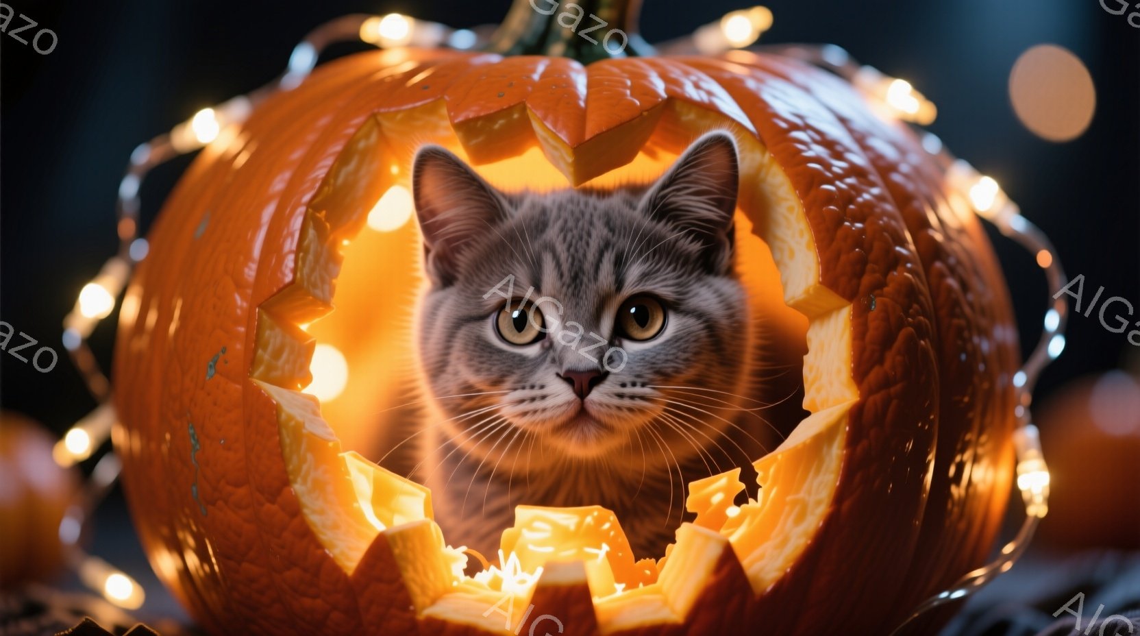 灰色の縞模様の猫が、くり抜かれたオレンジ色のカボチャの中に頭を突っ込んでいます。カボチャの内側は明るいオレンジ色で照らされており、猫の顔を照らし出しています。背景にはぼんやりとした光の帯があり、ハロウィーンの温かく楽しい雰囲気を醸し出しています。