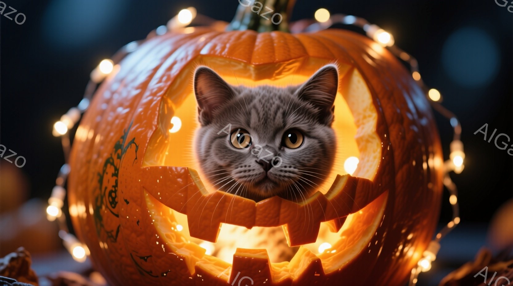 灰色の猫が、ジャック・オー・ランタンのようにくり抜かれたオレンジ色のカボチャの中に顔を出しています。カボチャは不気味な笑顔の切り込みが施され、猫の顔がその中から覗いています。背景にはぼやけた茶色の葉と - AI生成フリー素材