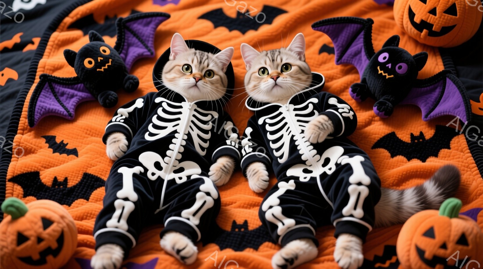 2匹のキジトラ猫がハロウィーンの骸骨の衣装を着てオレンジ色の背景に座っています。猫たちは両足を前に伸ばしてリラックスしたポーズで、少し驚いたような表情をしています。背景には、オレンジ色のカボチャや黒い - AI生成フリー素材