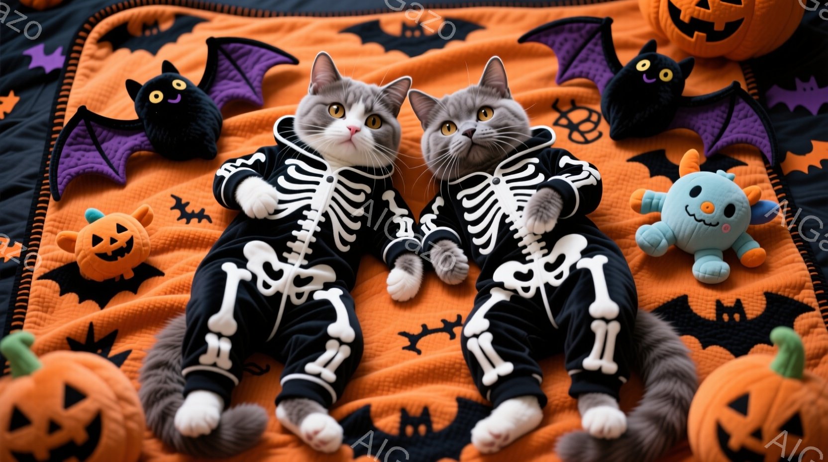 白と灰色の毛並みを持つ2匹の猫が、ハロウィーンの骨格模様の衣装を着てオレンジ色の背景に座っています。猫たちはリラックスした姿勢で、少し困ったような表情をしています。背景には、かぼちゃの形をしたクッションや、コウモリの形をしたぬいぐるみなどが配置されており、ハロウィーンの雰囲気を盛り上げています。
