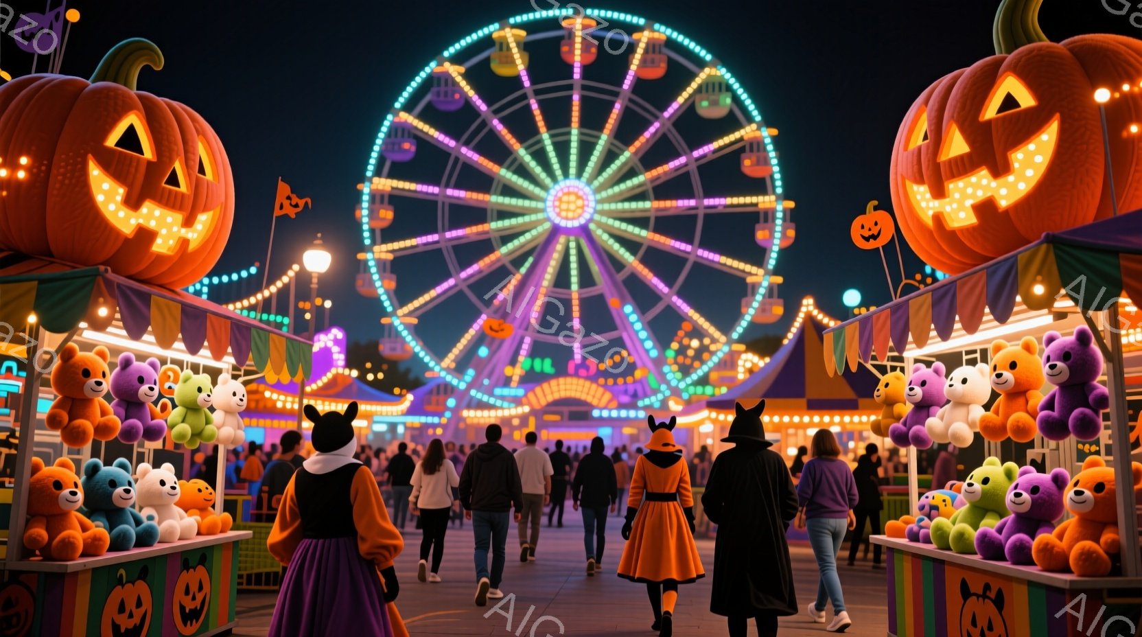 夜の遊園地では、ハロウィーンを祝う人々が楽しんでいます。オレンジ色のカボチャの装飾が並び、子供たちは可愛らしいクマのぬいぐるみを抱えています。背景にはライトアップされた観覧車が聳え立ち、お祭り気分を盛 - AI生成フリー素材