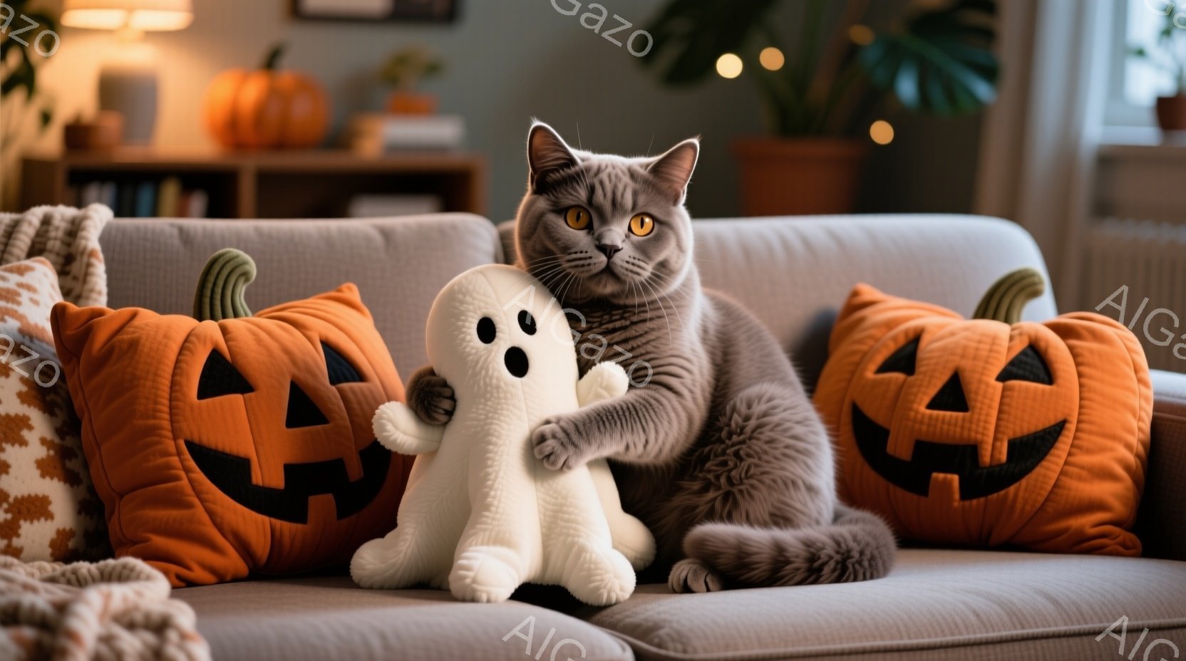灰色の猫がソファーに座り、白いゴーストのぬいぐるみを前足で軽く押さえています。背景にはハロウィーンを意識したオレンジ色のカボチャのクッションと、ぼやけた植物、そして室内灯の光が見え、温かく落ち着いた雰囲気が漂っています。猫はリラックスした表情で、室内の快適な空間でくつろいでいる様子が伺えます。