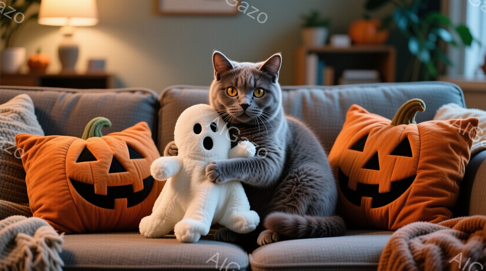 灰色の猫が、ハロウィーンをテーマにしたオレンジ色のジャック・オ・ランタンのクッションに挟まれた白い幽霊の人形を抱きしめています。猫はリラックスした様子で、落ち着いた表情でカメラを見ています。背景には、暖色の照明と控えめな装飾が見られ、居心地の良い秋の雰囲気を醸し出しています。