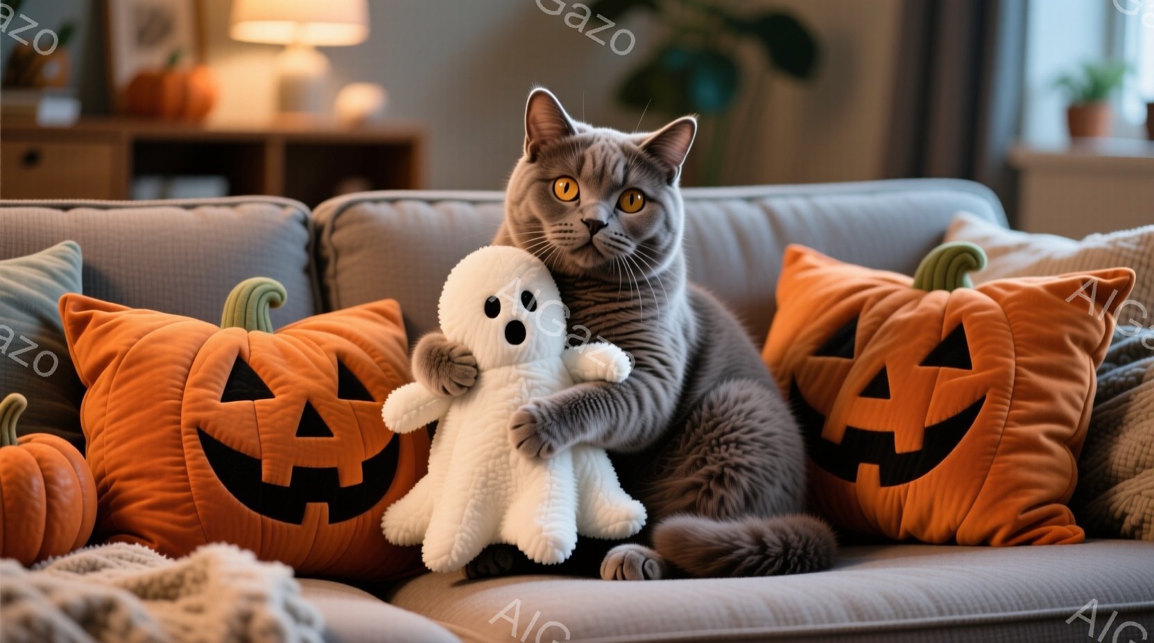 灰色の猫がハロウィーンをテーマにしたソファに座っています。猫はリラックスした姿勢で、白いお化けのぬいぐるみをお腹の上に抱きしめており、オレンジ色のジャック・オ・ランタンの枕に囲まれています。背景には木 - AI生成フリー素材