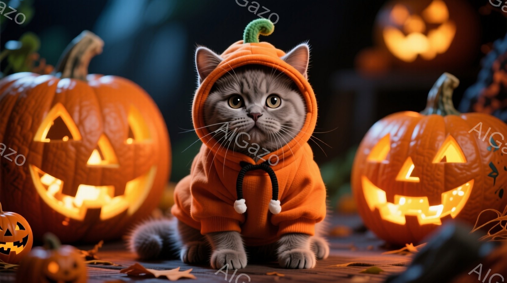 灰色の毛並みの猫が、ハロウィーンのオレンジ色のカボチャの衣装を着ています。猫は正面をまっすぐ見つめ、少し困ったような表情をしています。背景には、様々な大きさのジャック・オー・ランタンが並び、落ち葉が舞う、ハロウィーンの夜の雰囲気です。
