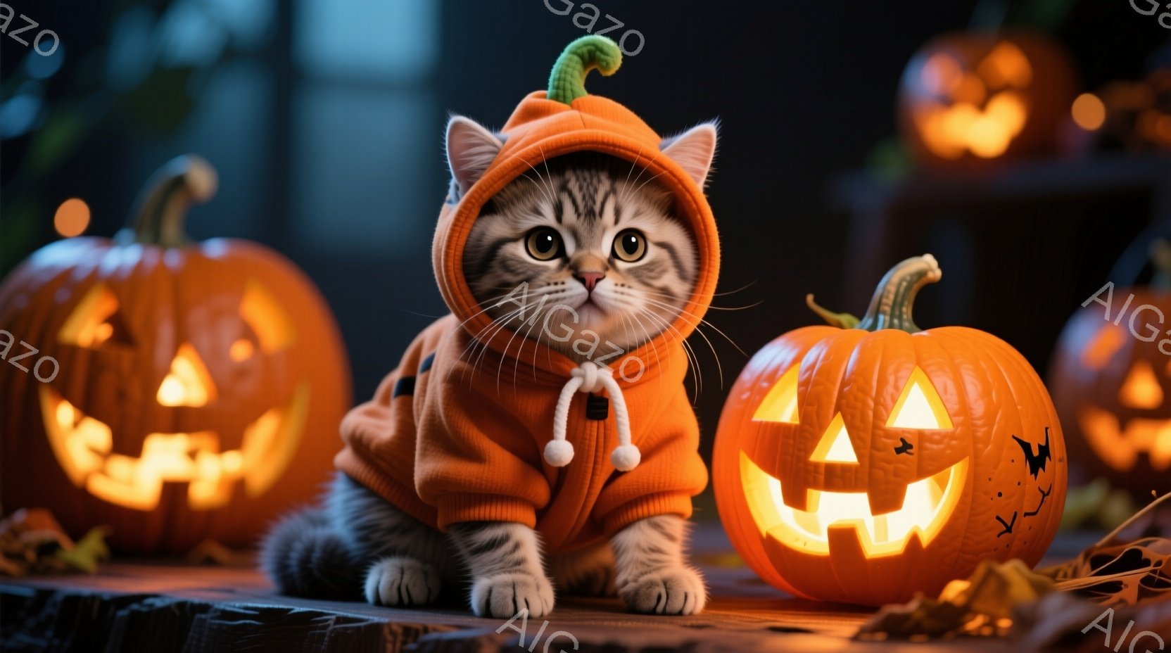 小さな灰色の毛並みの猫が、オレンジ色のハロウィン風のセーターを着て、彫刻されたジャック・オー・ランタンに囲まれて座っています。猫は前足を伸ばしてまっすぐに座り、少し不安そうに正面を見つめています。背景 - AI生成フリー素材