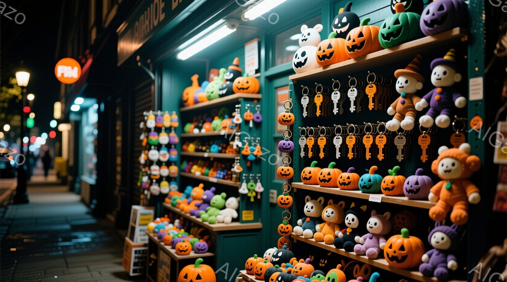 鮮やかな緑色の棚には、様々なハロウィーンの飾り付けが所狭しと並べられています。オレンジ、紫、緑色のカボチャのキーホルダーやぬいぐるみ、置物などが、棚いっぱいにずらりと並んでおり、ハロウィーンの雰囲気を - AI生成フリー素材