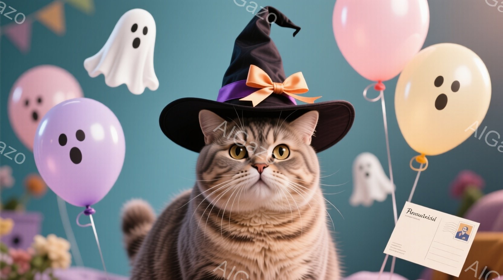 灰色の縞模様の猫がハロウィーンの帽子をかぶって正面を見つめています。背景には、紫、白、オレンジ色の幽霊の風船や装飾が散りばめられており、お祝いの雰囲気を醸し出しています。猫の表情は少し自信に満ちており - AI生成フリー素材
