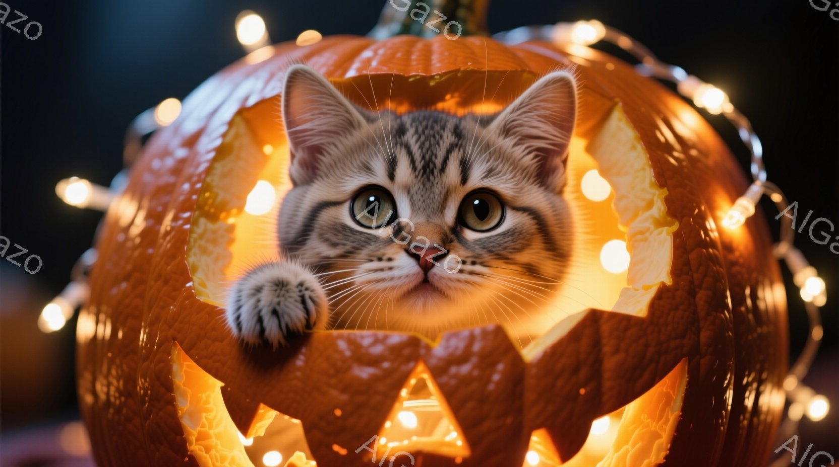 縞模様の猫が、ハロウィーンのくり抜かれたカボチャの中に顔を出しています。カボチャの内側は明るいオレンジ色に光っており、猫の緑色の瞳が際立っています。背景にはぼんやりとした光のイルミネーションがあり、暖かく、お祝いムードの雰囲気です。