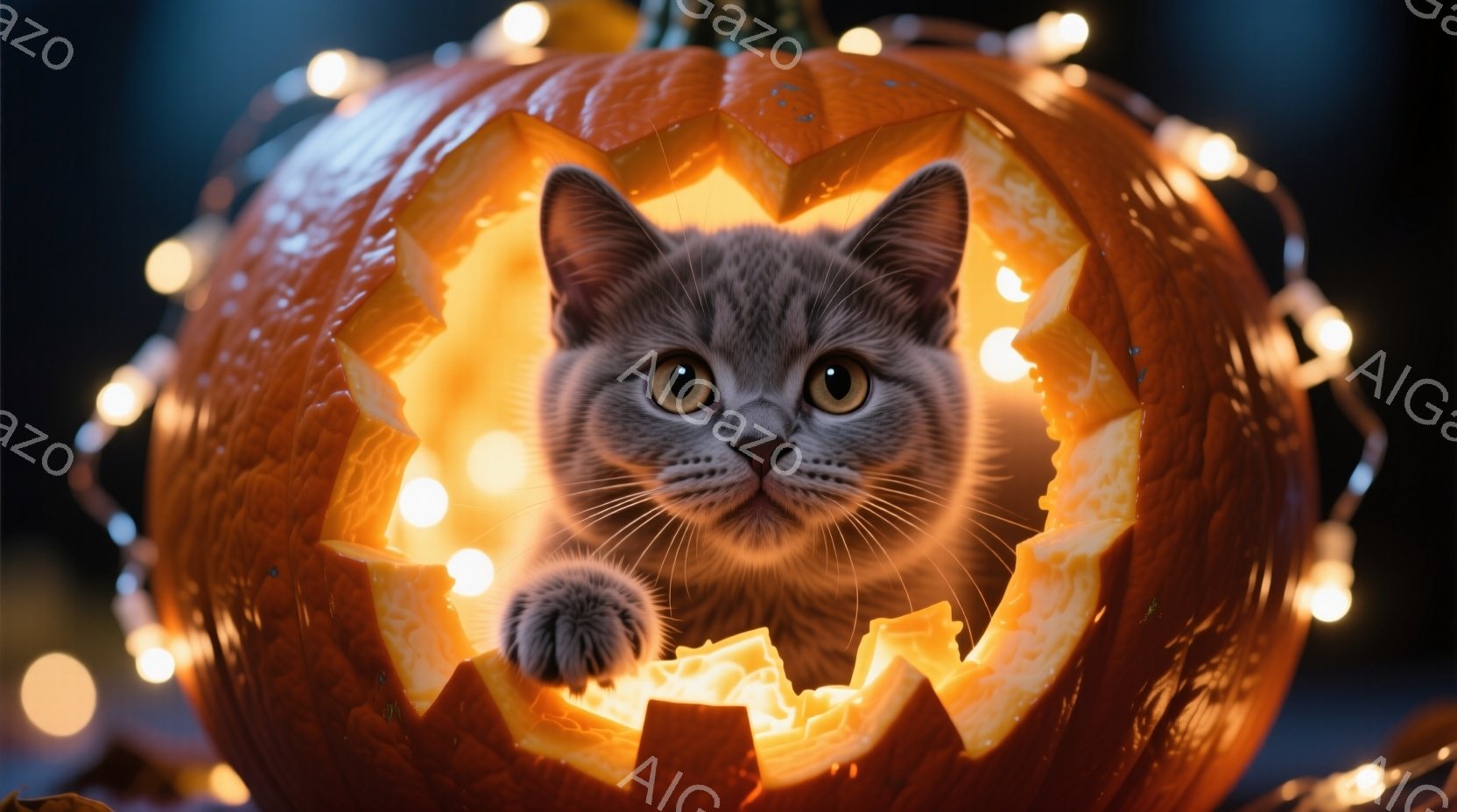 彫刻されたハロウィーンカボチャの中から、灰色の毛並みの猫が前足を伸ばしてこちらを見つめています。カボチャの内側は暖かく輝くオレンジ色で、猫の表情は好奇心と少しのいたずらっぽさを示しています。背景にはぼ - AI生成フリー素材