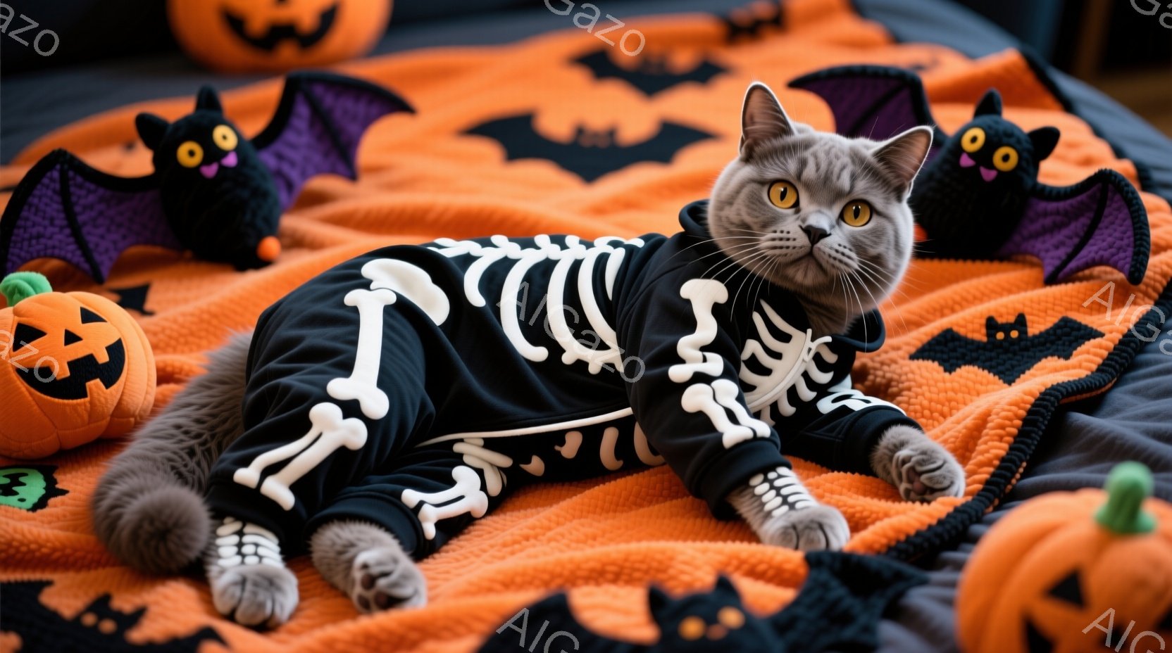 グレーの猫が、ハロウィーンをテーマにしたオレンジ色の背景に、骸骨模様のジャンプスーツを着て横たわっています。猫はリラックスした表情で、少しだけカメラ目線で、周りには黒いコウモリのぬいぐるみやオレンジ色 - AI生成フリー素材