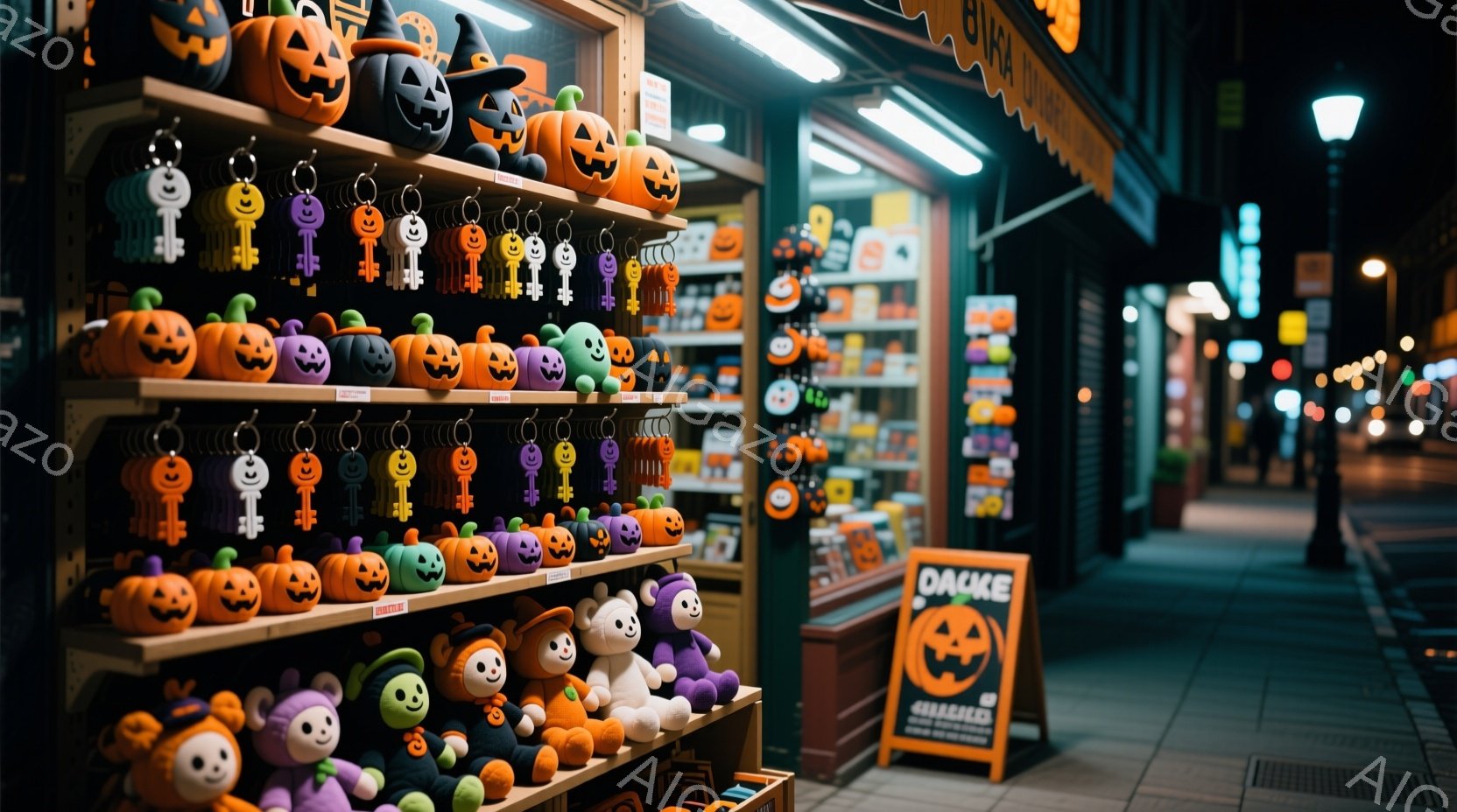 ハロウィーンの飾り付けがされたお店のショーウィンドウと通りが写っています。オレンジ、紫、緑色のカボチャのキーホルダーやぬいぐるみなどが所狭しと並べられ、ハロウィーンの看板が置かれています。夜の通りは薄 - AI生成フリー素材