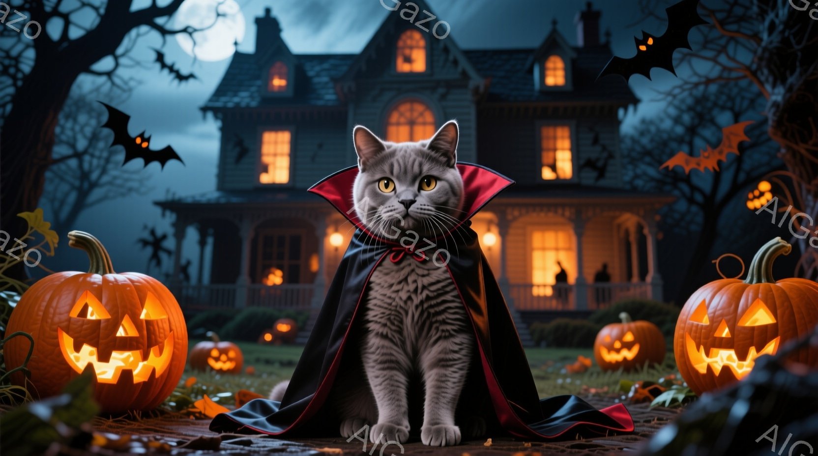 灰色の猫がハロウィーンの吸血鬼風のケープと赤いリボンをつけて座っています。背景には、明るいオレンジ色のジャック・オー・ランタンがいくつか配置され、暗いシルエットの木々と不気味な屋敷が月明かりの下に浮かび上がっています。全体的に、少し不気味で楽しいハロウィーンの雰囲気です。