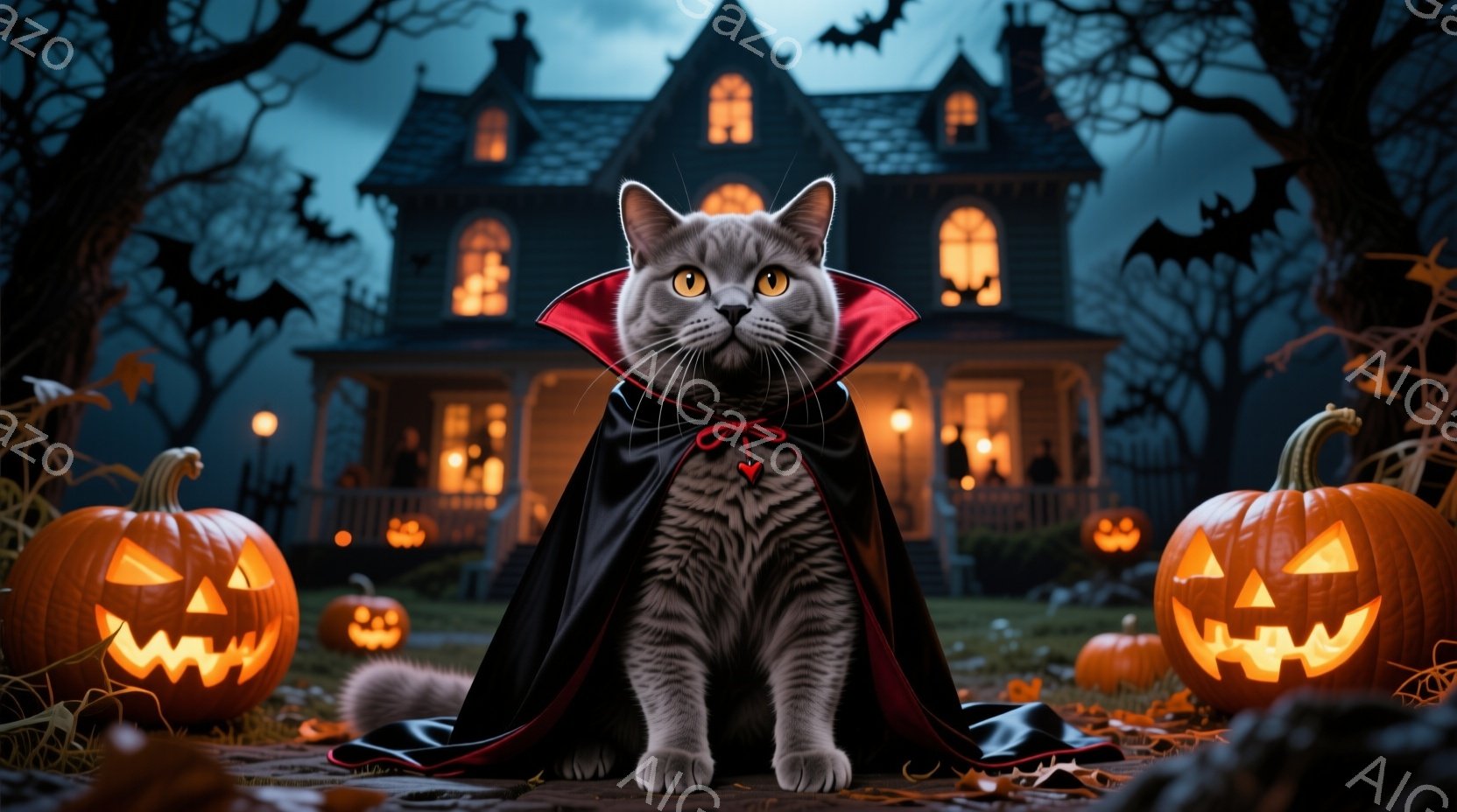 灰色の猫が黒いマントを羽織り、ハロウィーンの装いで正面を見据えています。背景には、不気味な光を灯した大きな屋敷と、ジャック・オー・ランタン、そして黒いシルエットのコウモリが浮かび上がり、秋の夜のハロウィーンの雰囲気を醸し出しています。全体的に少し不気味で、でもどこか可愛らしい、幻想的な雰囲気です。