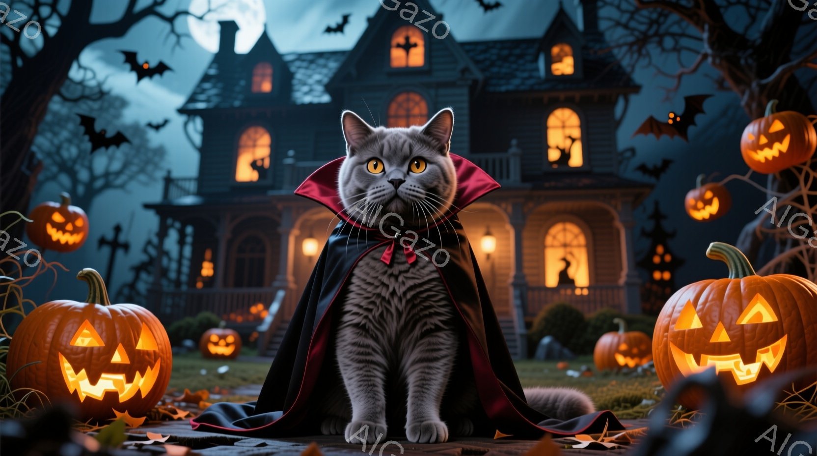 灰色の毛並みの猫が、黒いマントと赤い襟の衣装を身に着けて座っています。背景には、不気味なハロウィーンの装飾が施された屋敷があり、周りにはジャック・オ・ランタンが浮かび、黒い木の枝が月明かりに照らされて - AI生成フリー素材