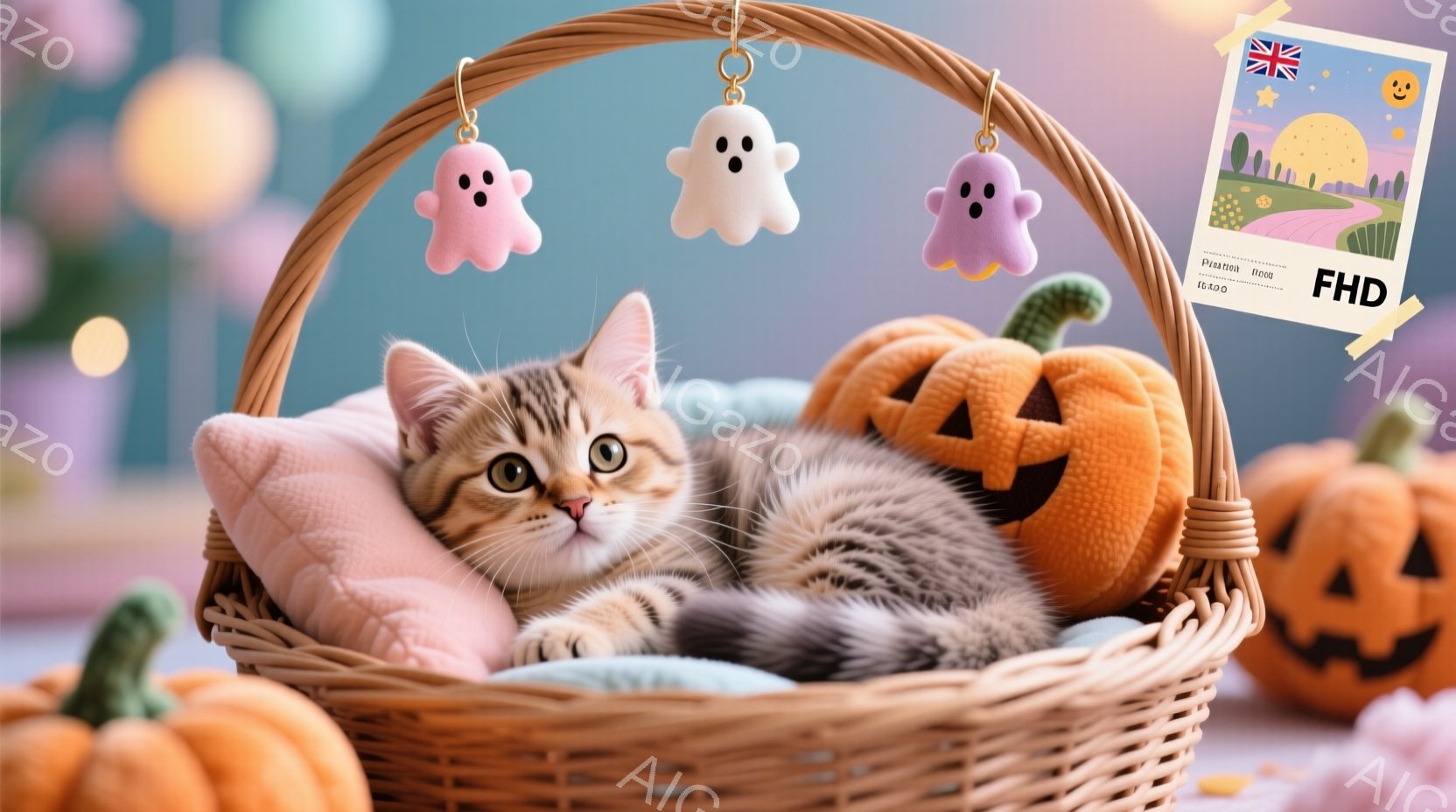 縞模様の猫が、ハロウィーンをテーマにしたバスケットの中に丸まって眠っています。バスケットはオレンジ色のジャック・オー・ランタンと、白い幽霊の飾りで飾られています。背景はピンクがかった色合いで、お祝いの雰囲気を醸し出しています。