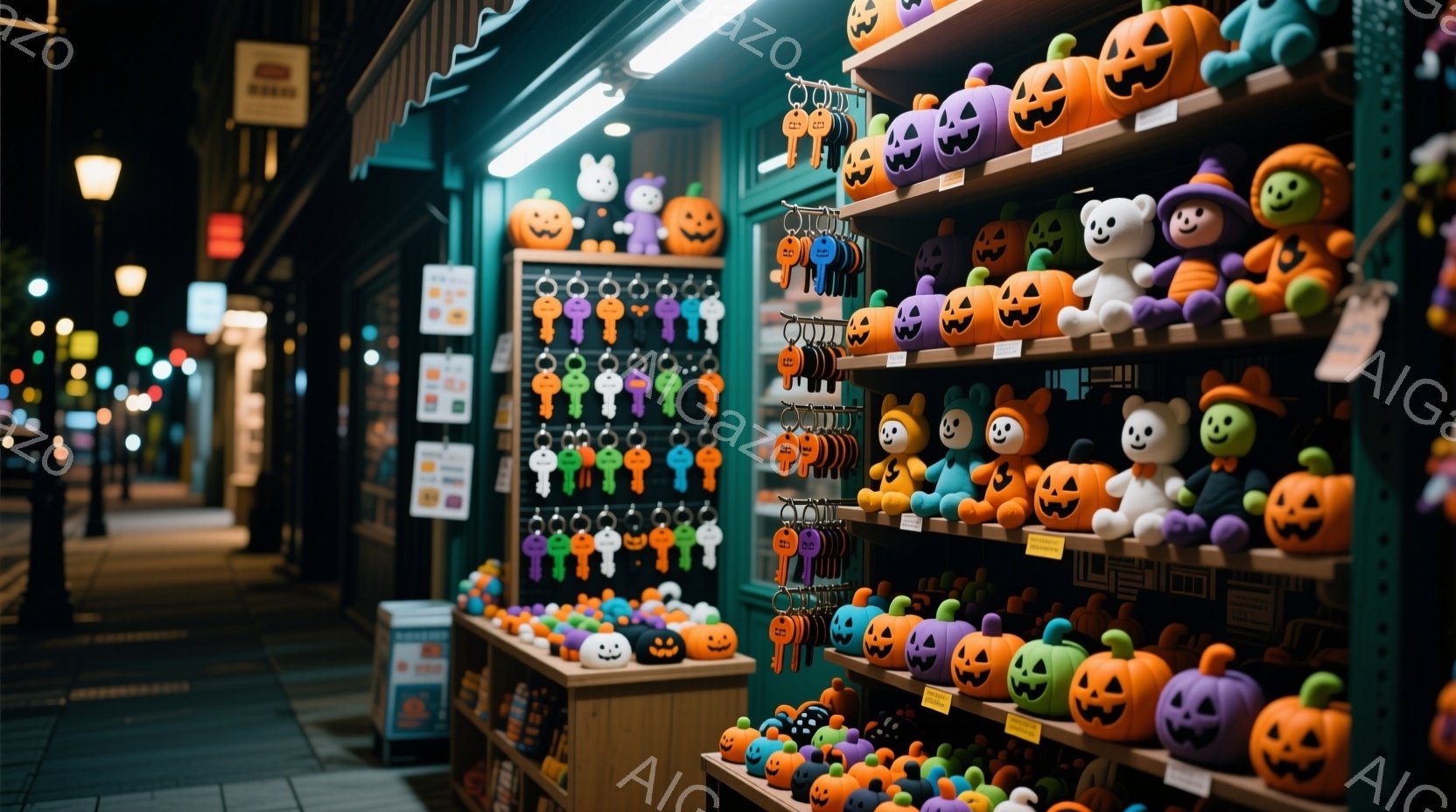 深緑色の棚には、様々なハロウィーンのキーホルダーとぬいぐるみのおもちゃが並べられています。オレンジ、紫、白などのカラフルなカボチャのおもちゃは可愛らしい表情をしており、棚の上部にはさらに大きなカボチャ - AI生成フリー素材