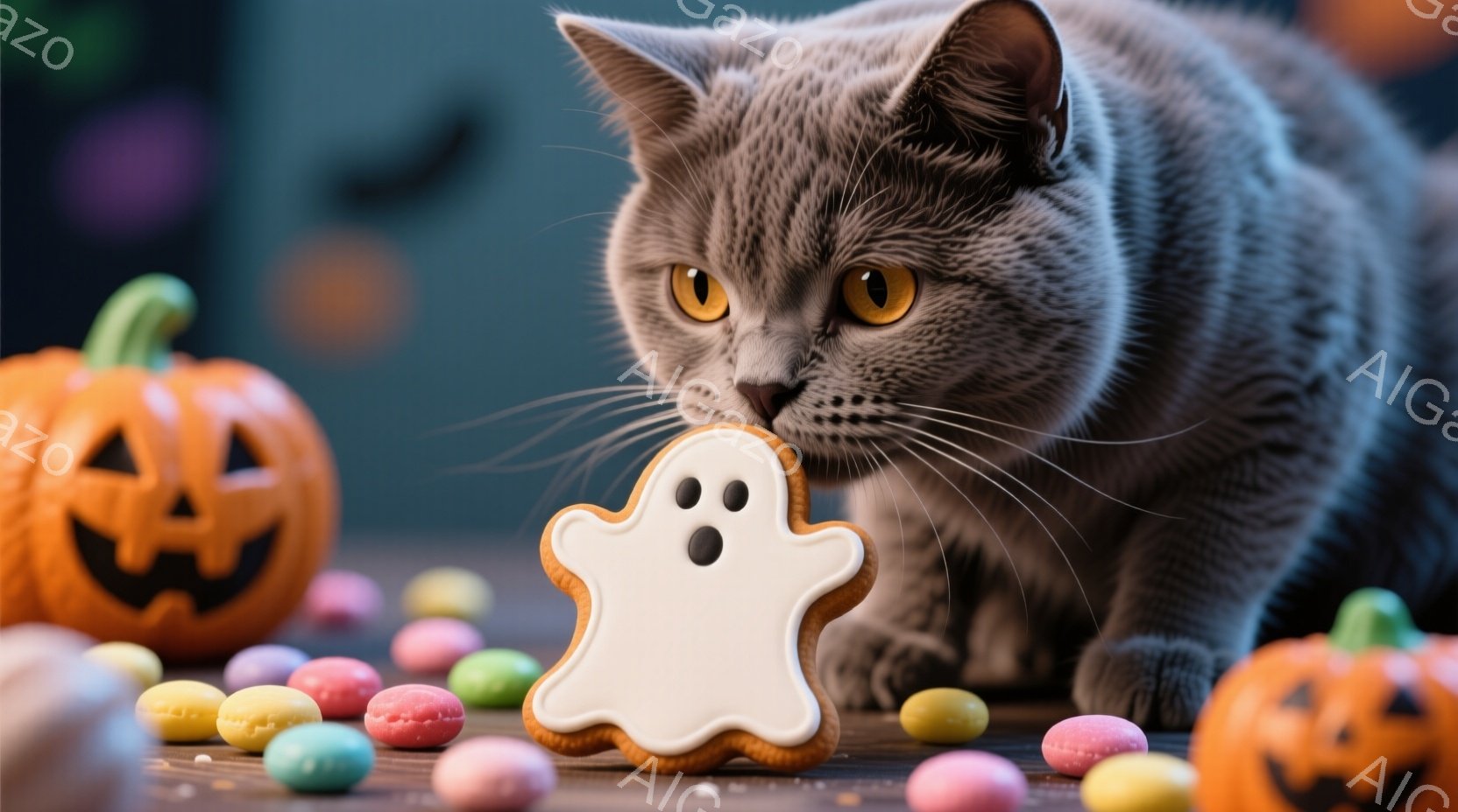 灰色の毛並みの猫が、ハロウィーンのクッキー（お化けの形）に鼻を近づけています。背景には、カラフルなキャンディーと、ジャック・オー・ランタンがいくつか配置され、ハロウィーンの雰囲気を盛り上げています。猫の表情は好奇心旺盛で、クッキーを少しずつ味わおうとしている様子が伺えます。