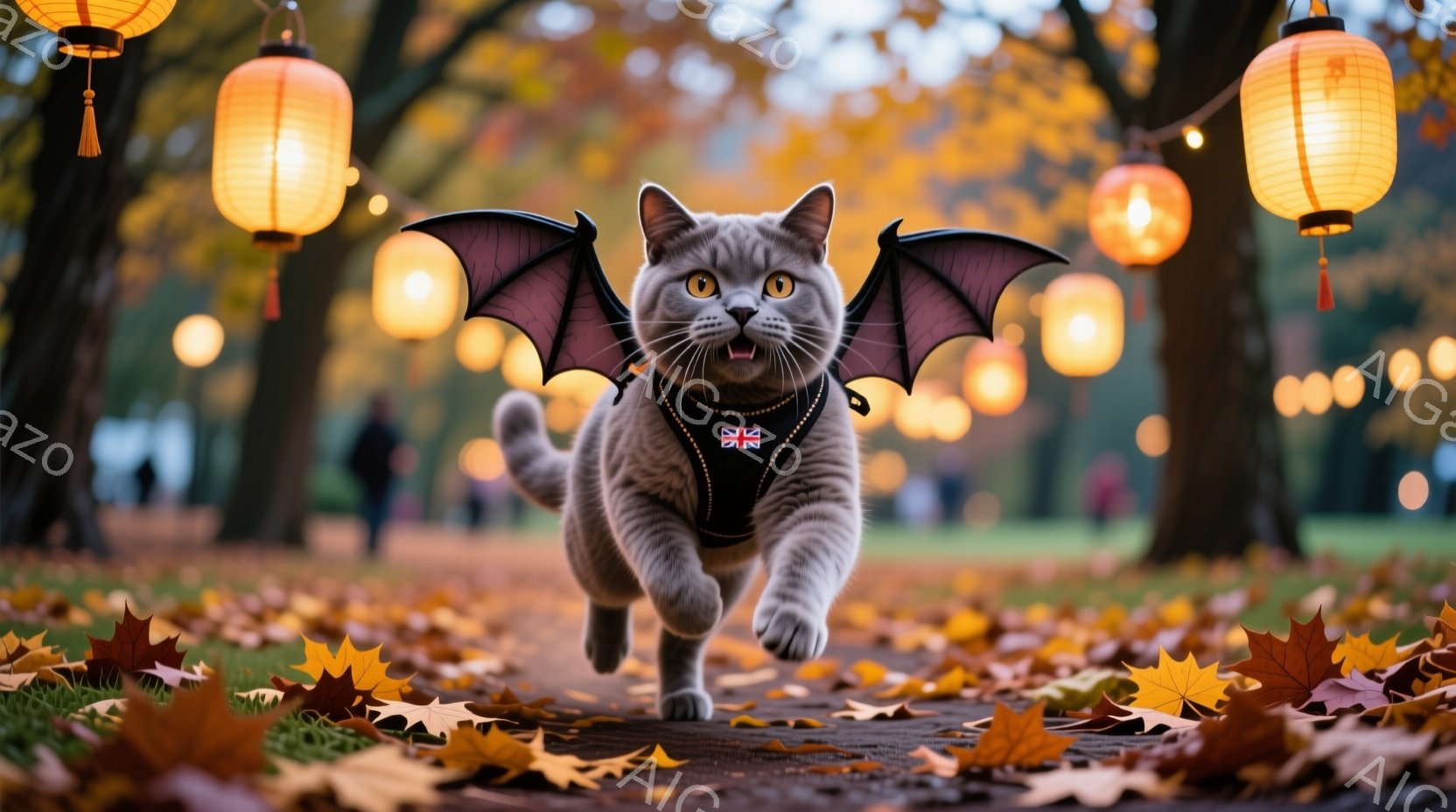 灰色の猫が、まるで空を飛ぶかのように、落ち葉が敷き詰められた道を駆けている。猫は黒いハーネスと翼をつけており、その表情は少し驚いたようにも見える。背景には木々が並び、オレンジ色の提灯が吊るされており、秋の暖かく幻想的な雰囲気を醸し出している。
