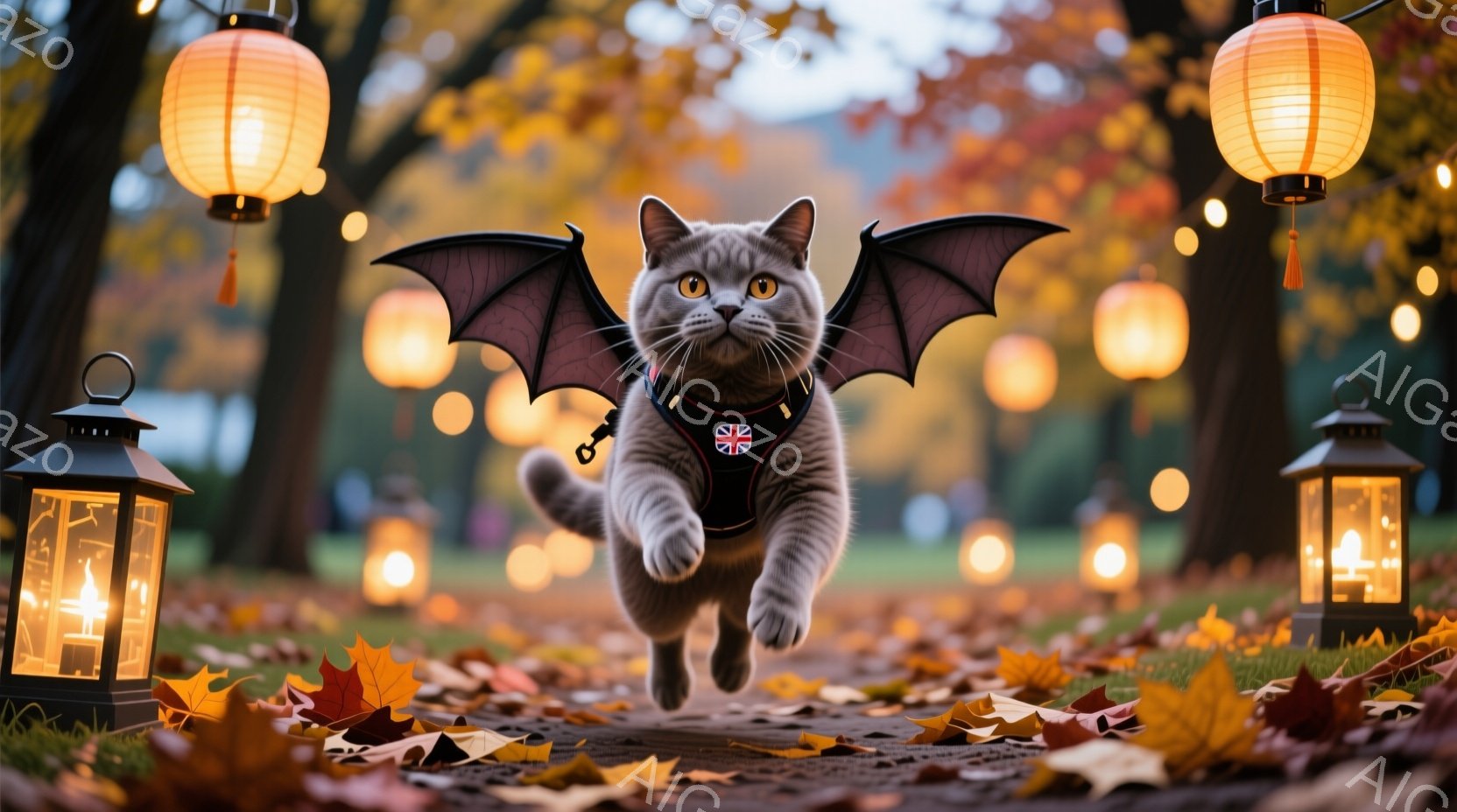 灰色の猫が、黒い蝙蝠の羽のようなものを身に着け、落ち葉が散らばる道を駆けている。背景には、ぼんやりとした木々と、温かい光を放つ提灯が並び、ハロウィンのような幻想的な雰囲気を醸し出している。猫の表情は活 - AI生成フリー素材