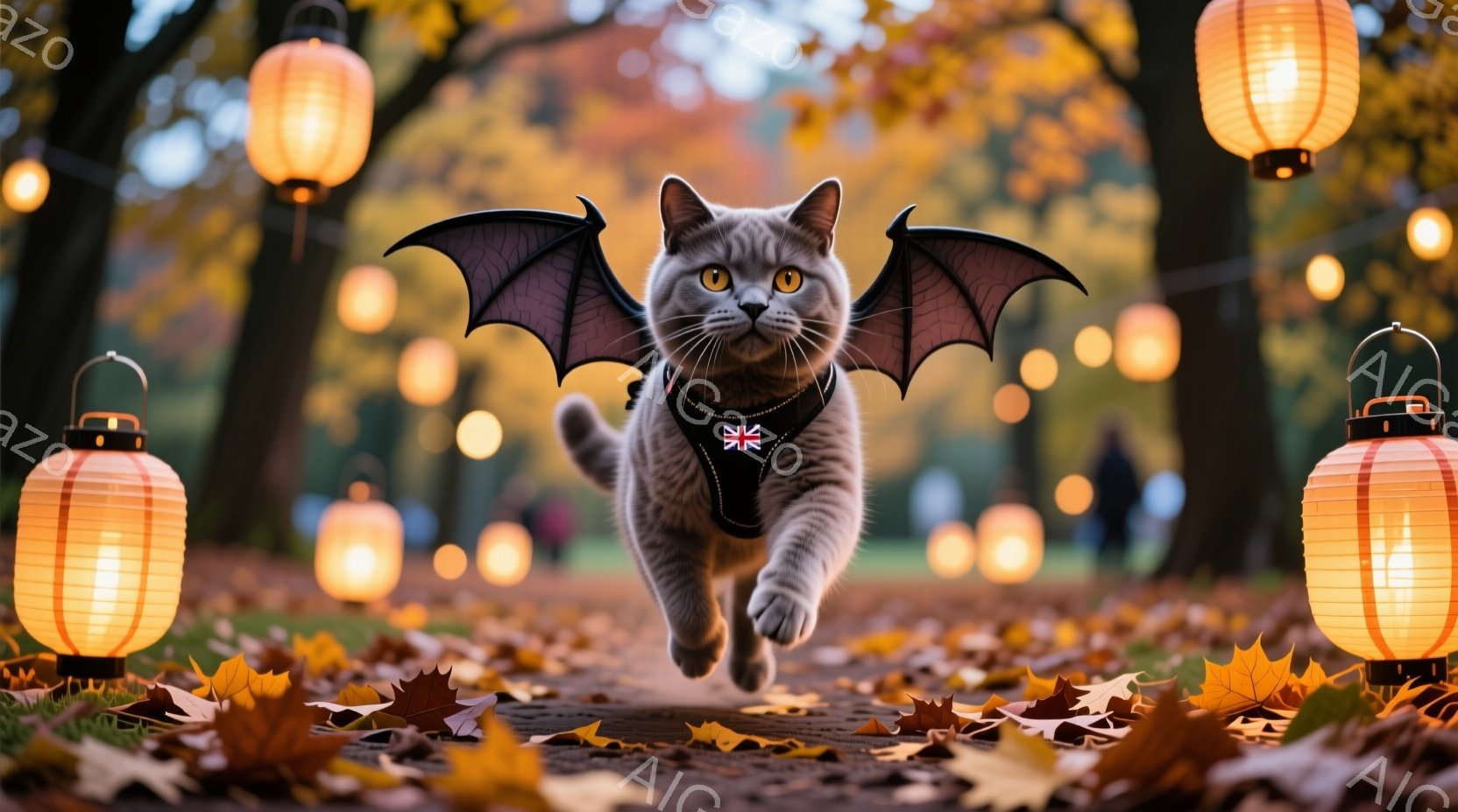 白灰色の猫が、黒い蝙蝠の羽のようなものを装着し、石畳の道の上を駆けている。背景には秋の落ち葉が散らばり、ぼんやりと光るランタンが並び、お祭りやイベントのような雰囲気を作り出している。猫の表情はいたずらっぽく、まるでハロウィーンを楽しむかのような、明るく遊び心のある雰囲気が漂う。