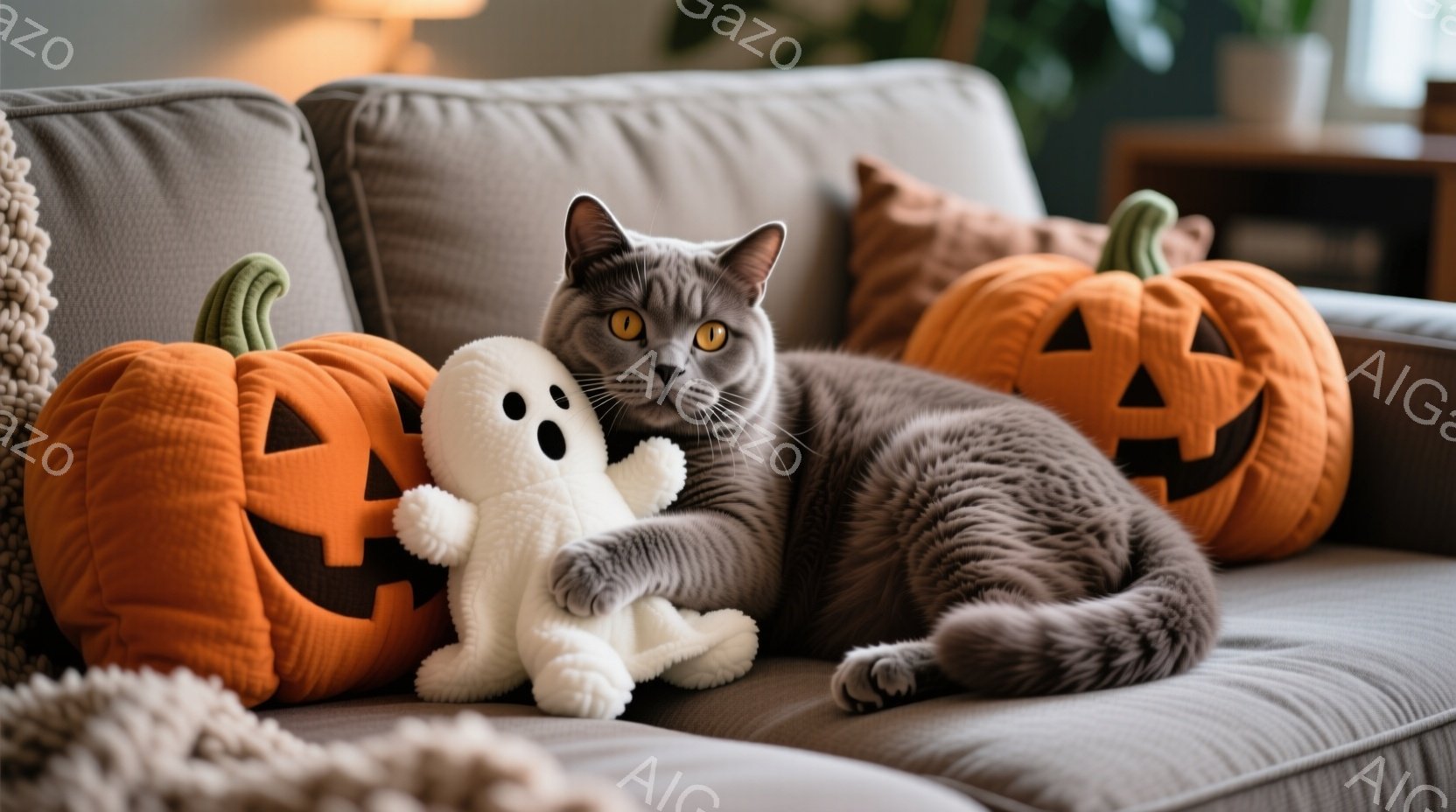 灰色の猫が、ハロウィーンをテーマにしたオレンジ色のジャック・オー・ランタンのクッションと白いゴーストのぬいぐるみに寄り添って、灰色のソファにゆったりと横たわっています。猫は鮮やかな黄色の目をしており、リラックスした表情でカメラを見つめています。背景には、ぼやけた家具や植物が見え、暖かく、居心地の良い雰囲気が漂っています。