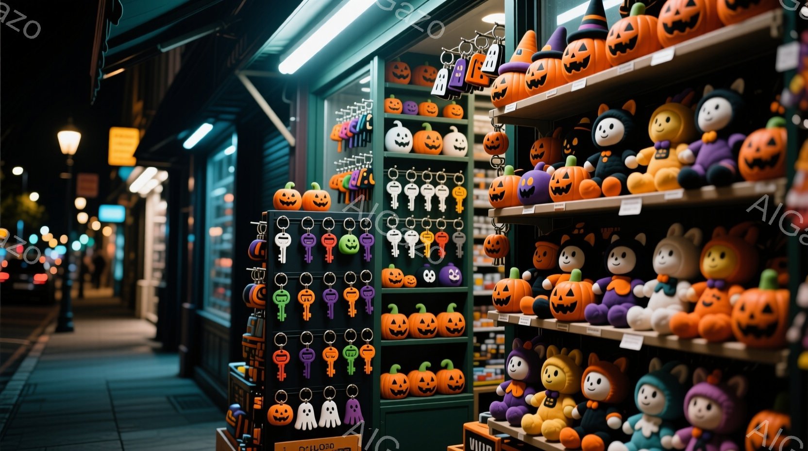 ハロウィーンの飾り付けがされた店のショーウィンドウには、様々な大きさのオレンジと紫色のカボチャのキーホルダーやぬいぐるみでいっぱいだ。ショーウィンドウの外は夜で、ぼんやりとした街灯が見え、お店は暗い路 - AI生成フリー素材