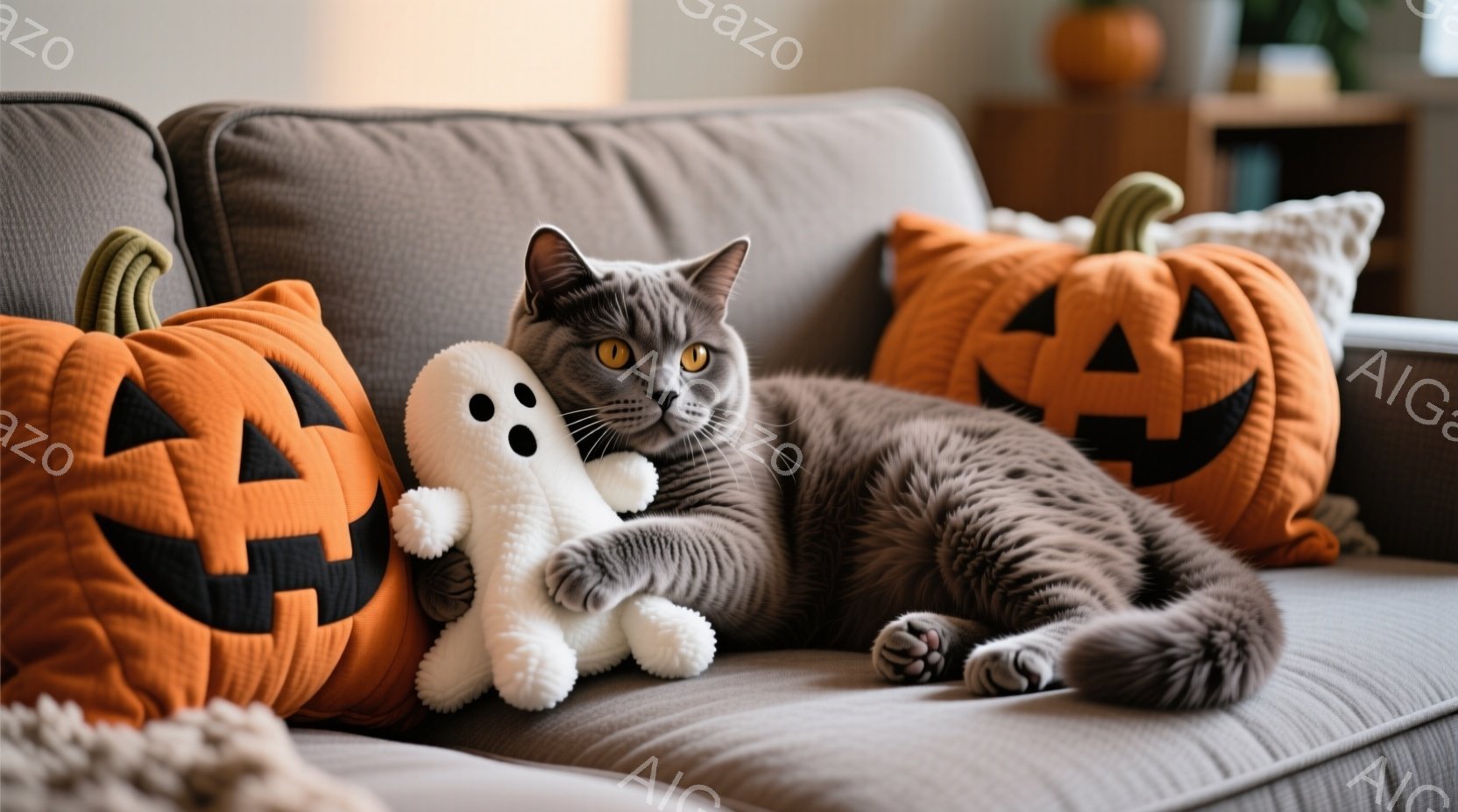 ソファの上で、灰色の毛並みをした猫がリラックスして横たわっています。猫は白いお化けのぬいぐるみを抱きしめ、オレンジ色のジャック・オー・ランタンのクッションに囲まれています。背景には家具が見え、全体的に - AI生成フリー素材