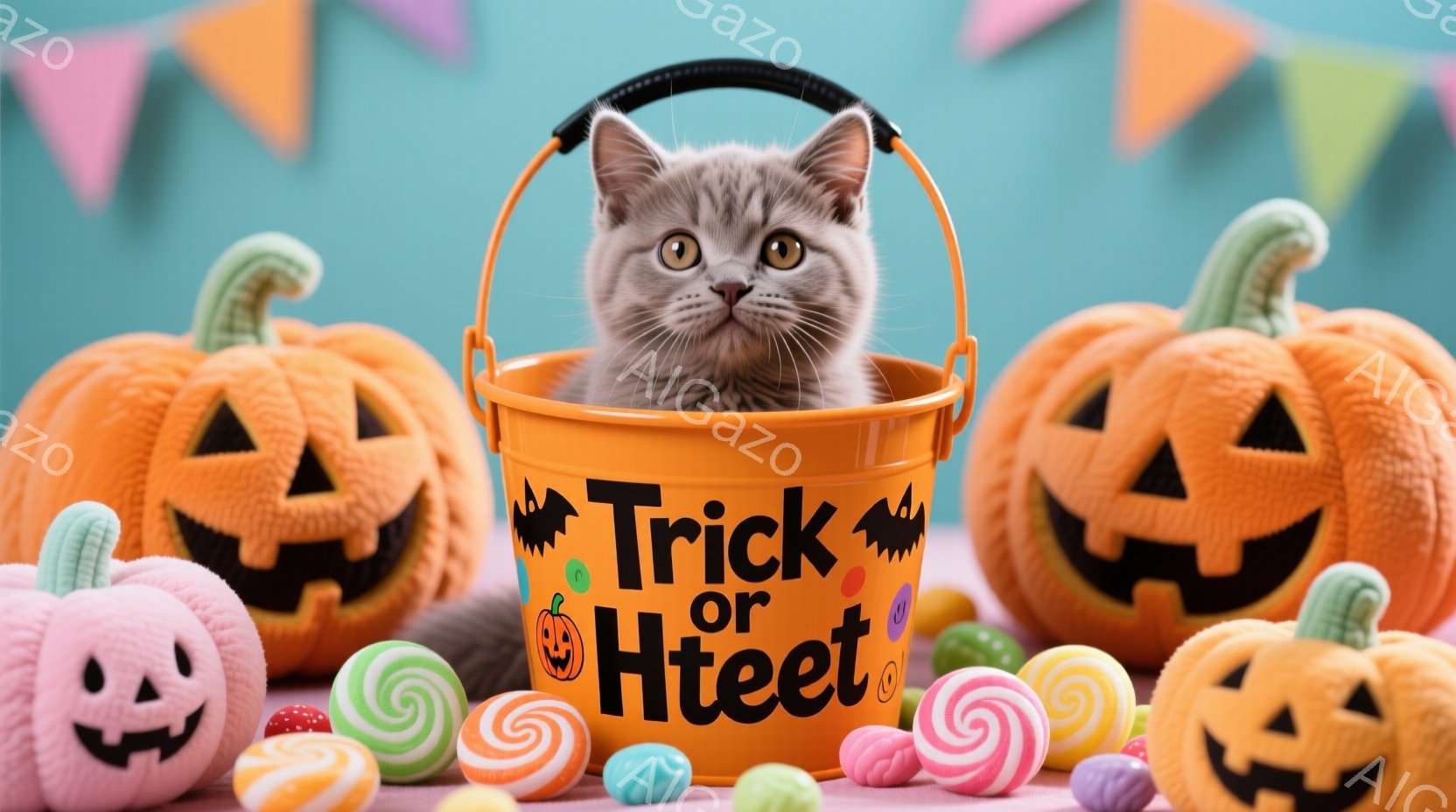 オレンジ色のハロウィーンのバケツの中に、灰色と白の縞模様の小さな子猫が座っています。バケツには「トリック・オア・トリート」と書かれており、周囲にはキャンディーやカボチャの形をしたおもちゃが散らばってい - AI生成フリー素材