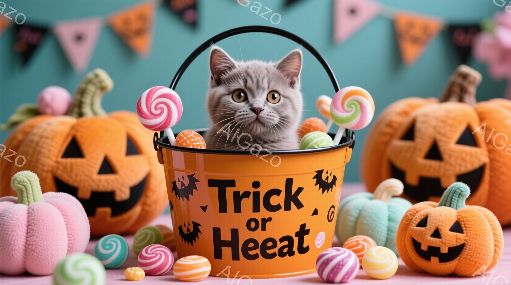 オレンジ色の「トリック・オア・トリート」と書かれたバケツの中に、灰色の小さな子猫が座っています。周りには、さまざまな色の渦巻きキャンディや、ジャック・オー・ランタンの形の可愛らしいパンプキンが並び、ハロウィーンの雰囲気を感じさせます。背景は淡いピンク色で、オレンジと黒の旗が飾られており、お祝いムードを盛り上げています。