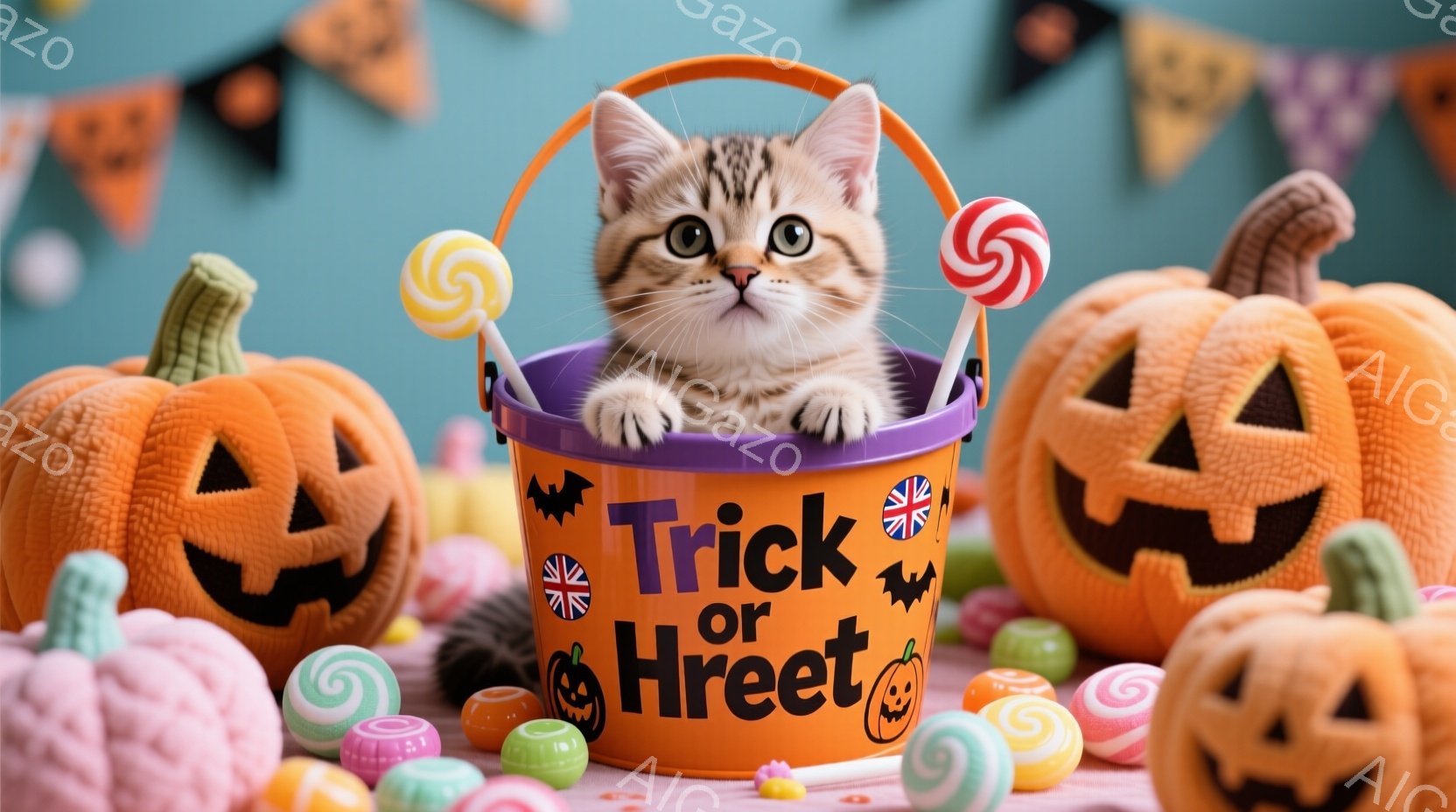 オレンジ色のハロウィーンのバケツの中に、縞模様の子猫が可愛らしく顔を出しています。周りには、さまざまなカラフルなキャンディーと、不気味な笑顔で彫られたジャック・オー・ランタンが並び、ハロウィーンの楽し - AI生成フリー素材