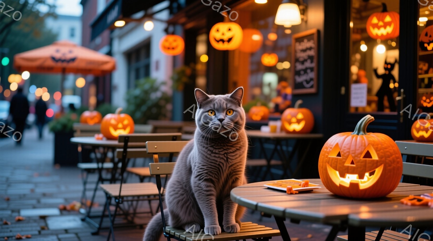 夜間のホラーテーマを表現するスタイルの写真であり、人間が登場しないため、その要素を省略します。背景にはパブリックシーンがあり、多くのサマハロウィン専用の装飾品（黄色とオレンジ色の jack-o'-lanterns）が展示されています。 単一の背景は閉じた店のファサードであり、建物の照明が明るくなっていることを強調しています。画像全体に恐ろしいお化け屋さんの雰囲気が感じられます。