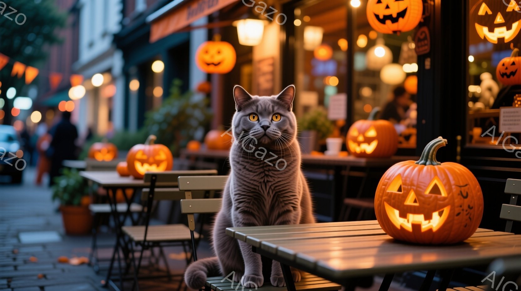 ハロウィーンの装飾がされたカフェの屋外席に、灰色の猫がまるで王座に座るように堂々と座っている。背景には、微笑むジャック・オー・ランタンが並び、薄暗い光がテーブルとカフェの壁を照らしている。全体的に、猫がハロウィーンの夜を支配しているような、ユーモラスで幻想的な雰囲気が漂っている。