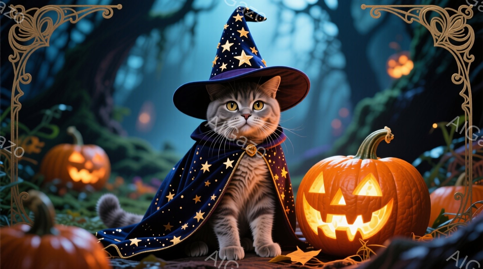 灰色の縞模様の猫が、星が散りばめられた黒い魔法使いのローブと帽子を身につけて座っています。猫は正面を見つめ、少しばかり自信に満ちた表情をしています。背景には、不気味な光を放つ様々な大きさのジャック・オ - AI生成フリー素材