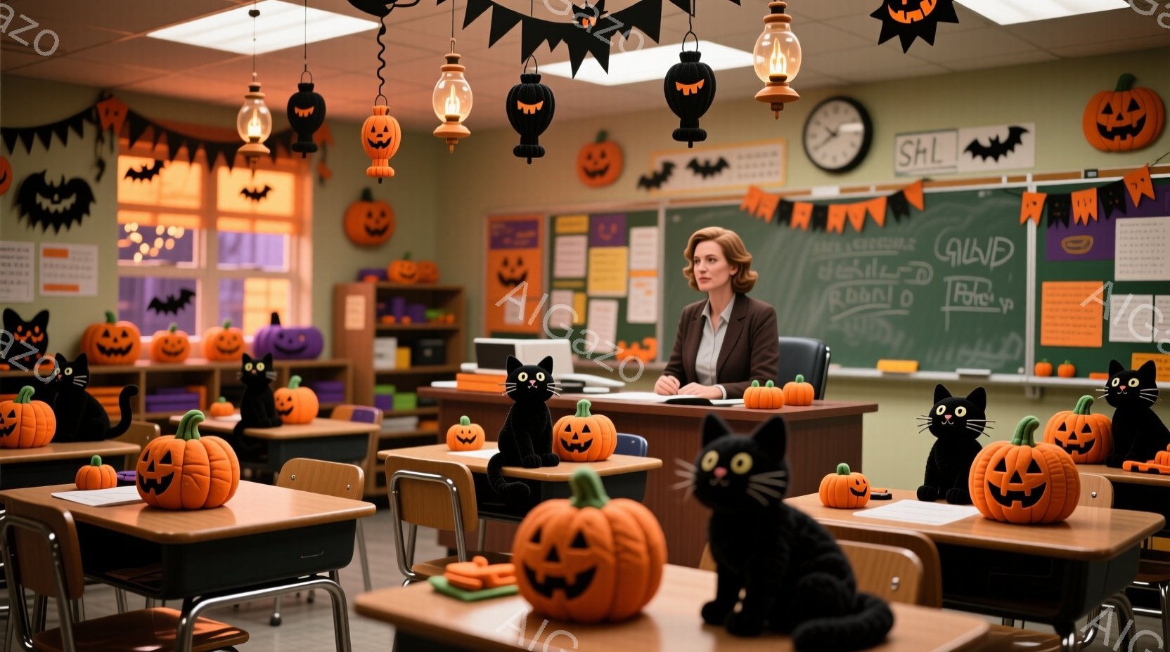 教室はハロウィーンの装飾でいっぱいであり、オレンジ色のカボチャや黒猫の切り抜きが至る所に飾られています。女性教師は落ち着いた表情で机に座っており、茶色のジャケットと白いシャツを着ています。教室は明るく、暖かい雰囲気で、ハロウィーンの楽しい祝祭を予感させます。