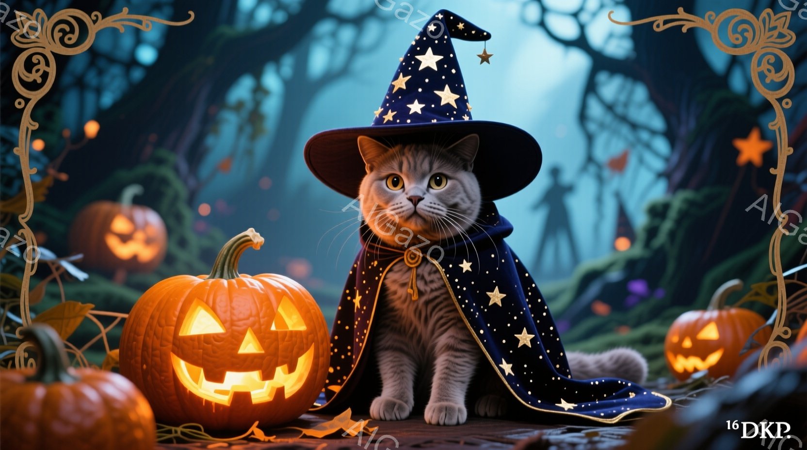 灰色の毛並みの猫が、星柄のケープと魔女帽子を身に着けて座っています。背景には、さまざまな大きさのジャック・オー・ランタンが配置され、暗い森が広がっています。全体的にハロウィーンの夜を思わせる、幻想的で温かい雰囲気です。