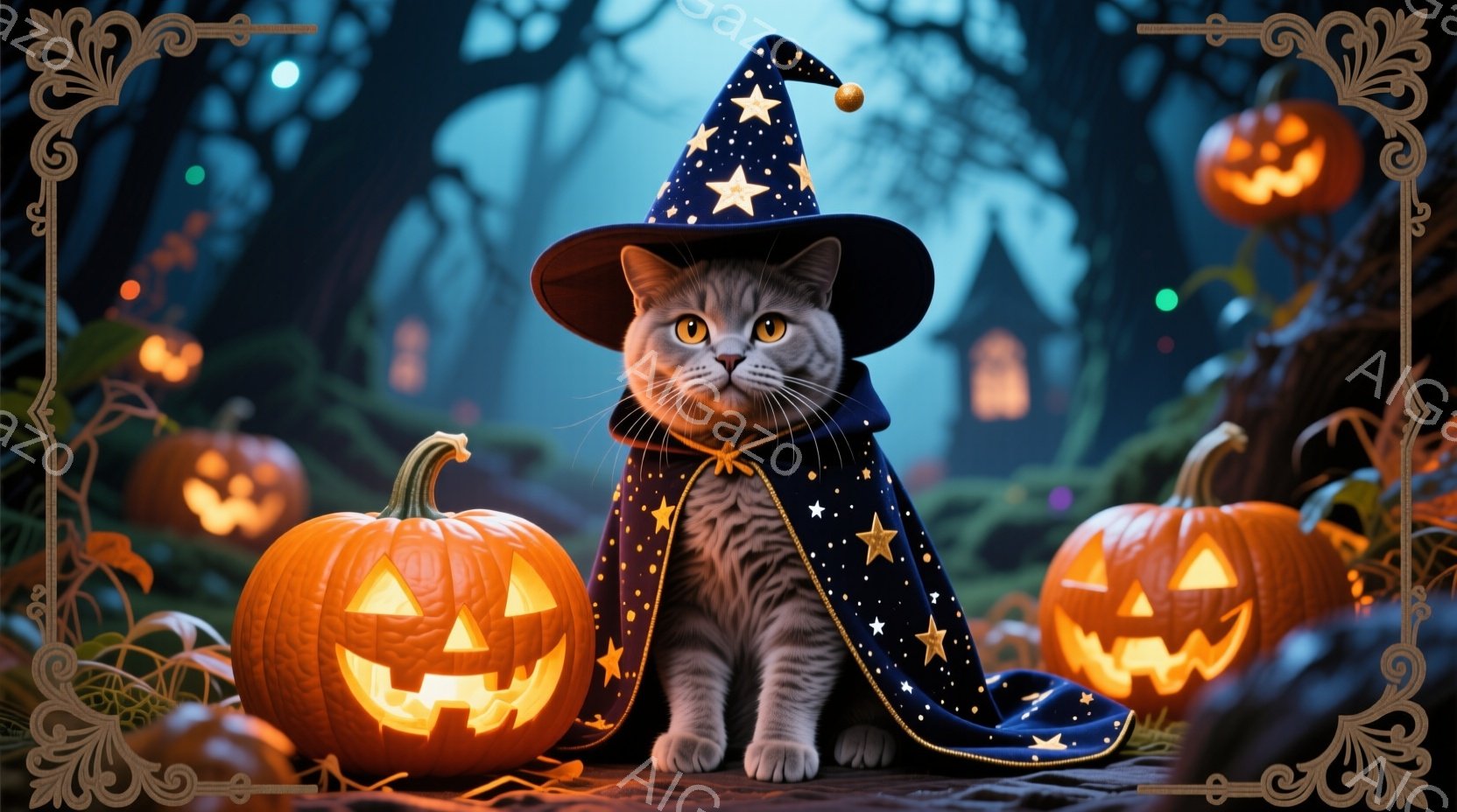 灰色の毛並みの猫が、星が散りばめられた青い魔法使いの衣装と帽子を身につけて座っています。周りにはジャック・オー・ランタンが並び、背景には不気味なシルエットの建物と木々が見え、ハロウィンの夜の幻想的な雰 - AI生成フリー素材