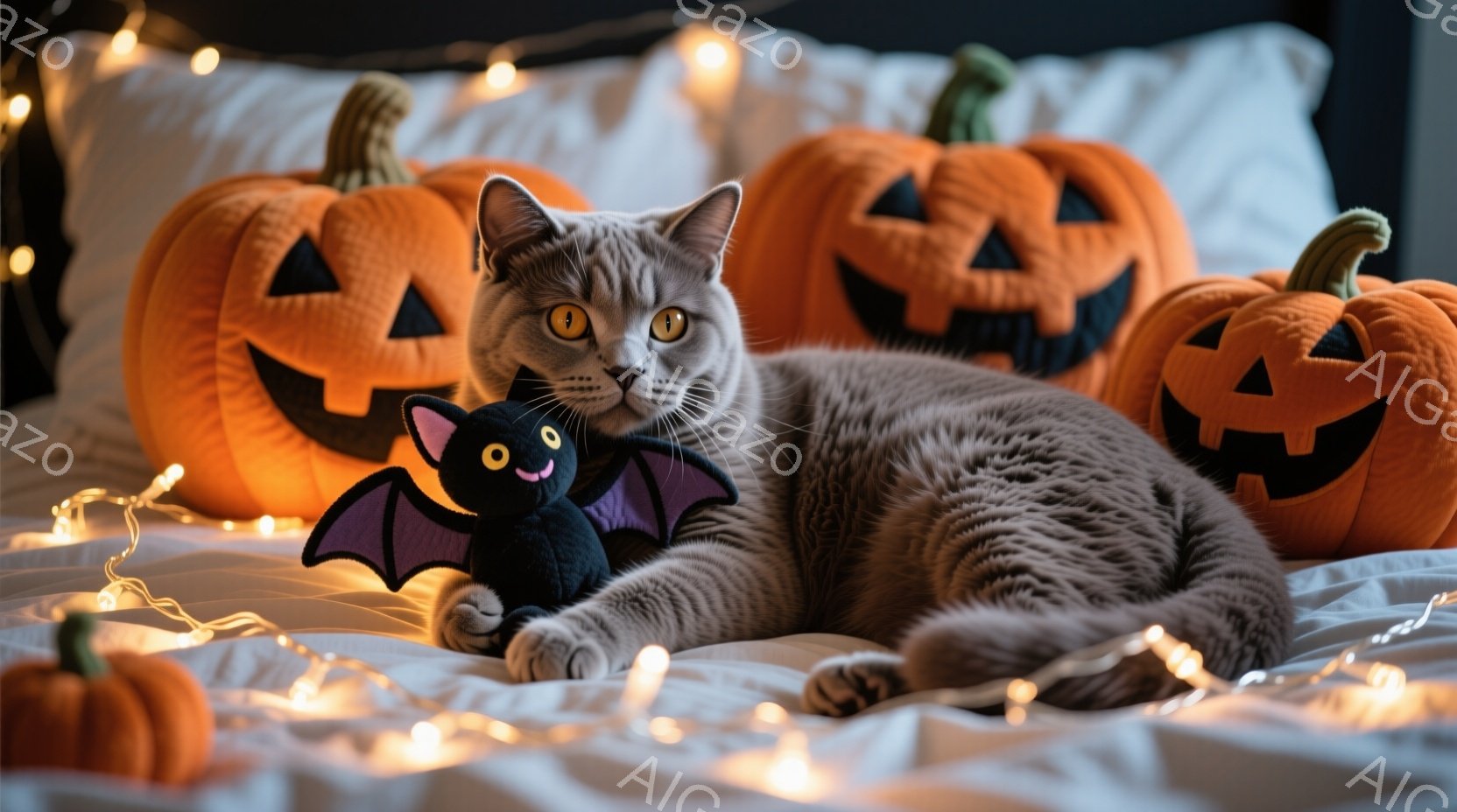 灰色の猫が、ハロウィーンの装飾で飾られたベッドに横たわっています。周りにはジャック・オー・ランタンやコウモリのぬいぐるみがあり、暖かい色のフェアリーライトがベッド全体を照らしています。猫はリラックスし - AI生成フリー素材