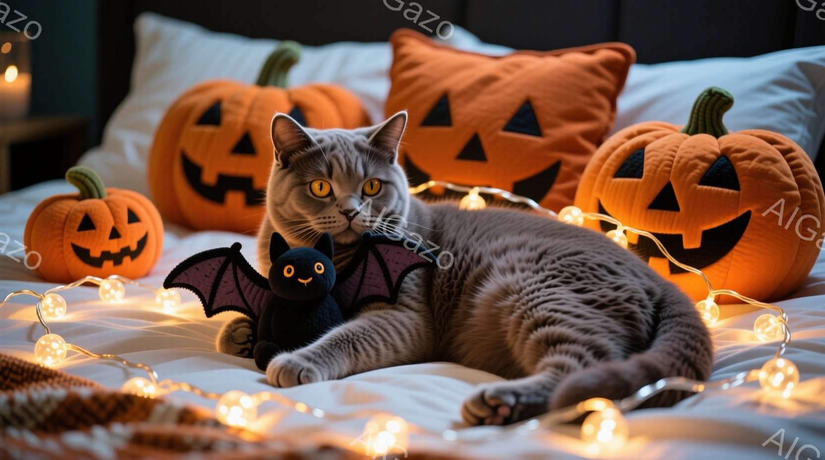 灰色の毛並みの猫が、ハロウィーンをテーマにした装飾に囲まれた白いベッドの上で横たわっています。猫はリラックスした様子で、その隣には黒いコウモリのぬいぐるみが置かれ、背景にはジャック・オー・ランタンのク - AI生成フリー素材