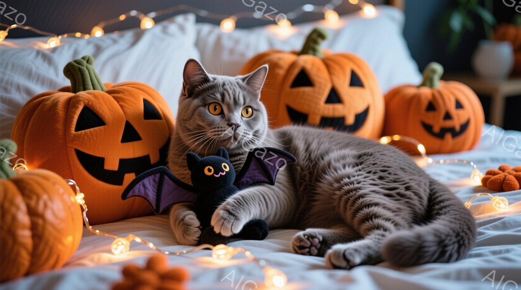 灰色の縞模様の猫が、ハロウィーンの飾りであるジャック・オー・ランタンとコウモリのぬいぐるみと一緒に白いベッドに横たわっています。猫はリラックスした様子で、正面を見つめており、背景にはオレンジ色のライトが点滅しています。全体的に、秋の温かさとハロウィーンの楽しさを感じさせる、心地よい雰囲気の画像です。