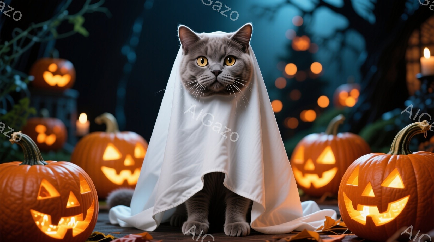 灰色の猫がハロウィーンの仮装で、白い布を羽織って座っています。背景には、様々な大きさのジャック・オー・ランタンが並び、オレンジ色の光が幻想的な雰囲気を醸し出しています。暗い森の木々とぼんやりとした光が - AI生成フリー素材