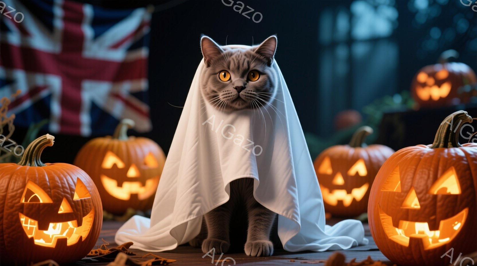 灰色の猫がハロウィーンの仮装をして、白い布をマントのように羽織っています。猫は正面を見ており、顔は真剣で、オレンジ色の光を放つジャック・オ・ランタンが周囲を取り囲んでいます。背景にはぼやけた建物と、ハロウィーンらしい落ち葉が散らばっており、少し不気味で楽しい雰囲気を醸し出しています。