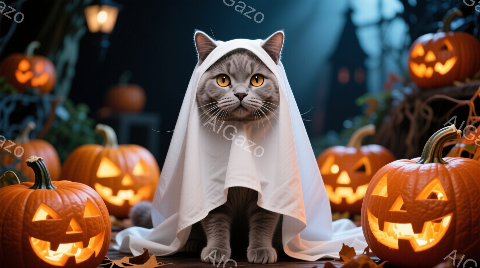灰色の毛並みの猫が白い布をまとい、ハロウィーンの仮装をしている。猫は正面をまっすぐ見つめ、やや退屈そうな表情をしている。周囲には、ジャック・オ・ランタンが並び、地面には落ち葉が散らばっており、夜の不気 - AI生成フリー素材