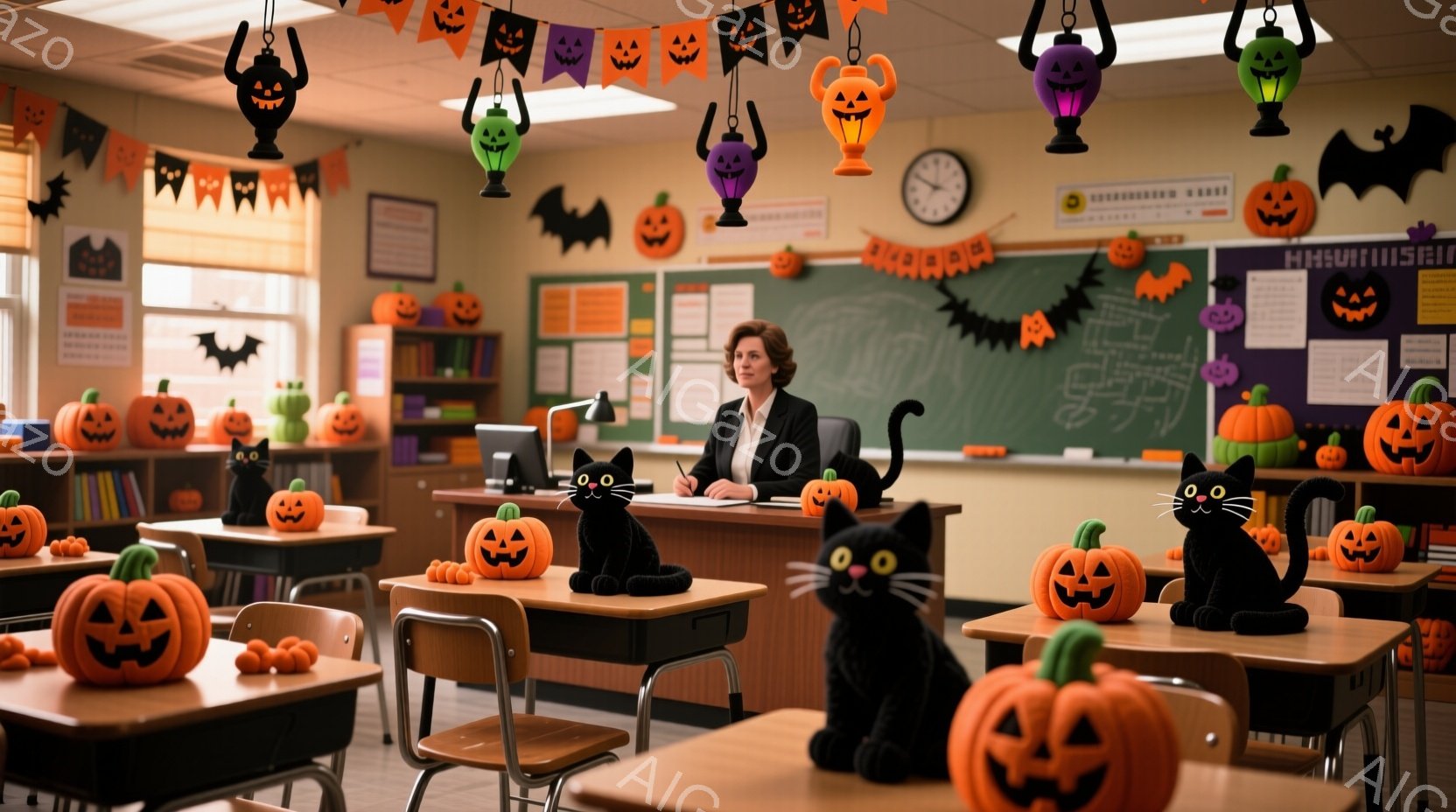 教室の中には、ハロウィーンの飾り付けがされており、机の上や床にカボチャが並んでいます。女性教師は黒いジャケットを着て椅子に座り、やや緊張した表情で前方を見つめています。背景には黒板があり、様々なハロウィーンモチーフの装飾が施され、少し不気味ながらも暖かい雰囲気を醸し出しています。