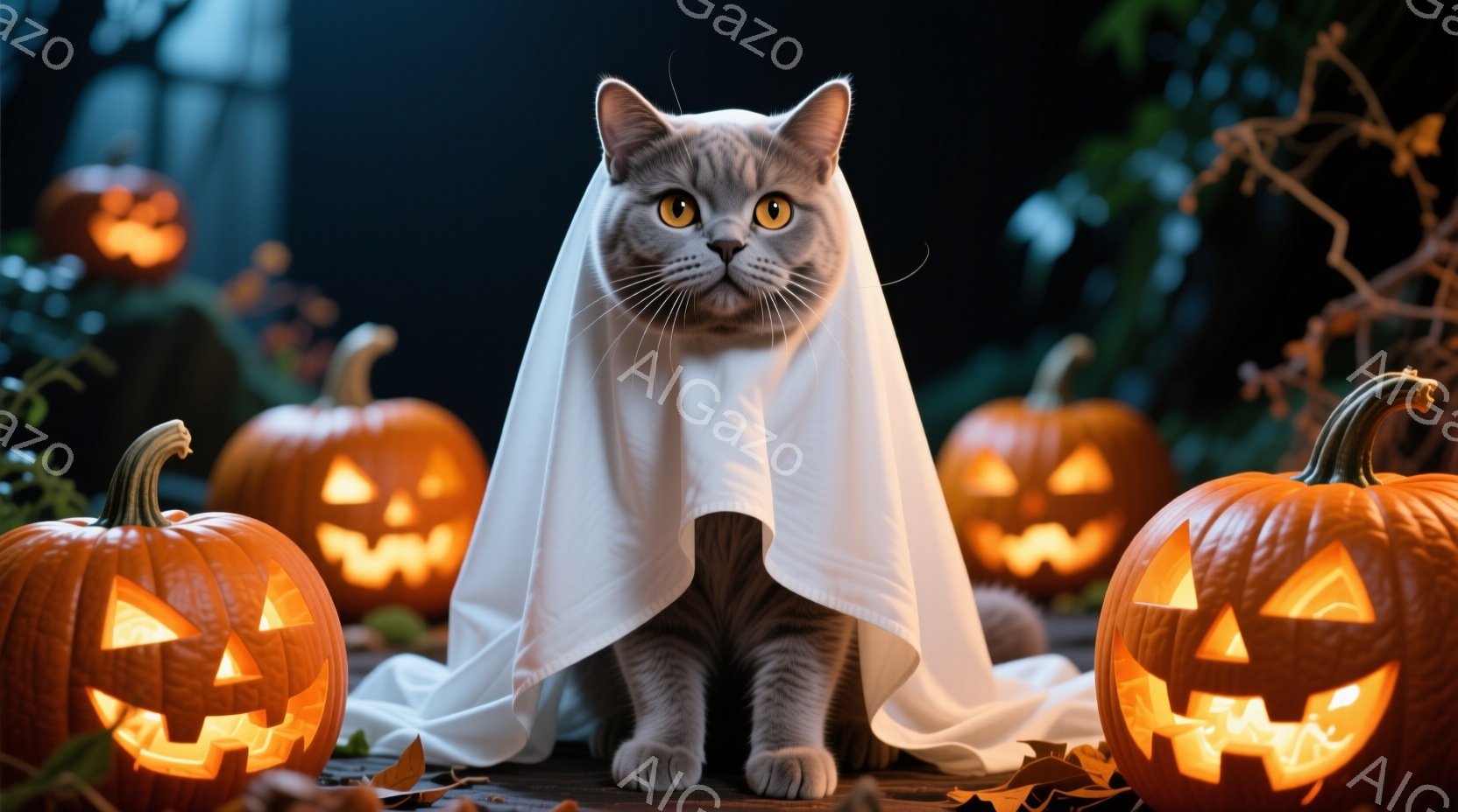 灰色の猫がハロウィーンの衣装として白い布をまとい、正面を見つめている。背景には、不気味な笑顔を浮かべたジャック・オー・ランタンが配置され、暗い木製のデッキの上に落ち葉が散らばっている。全体的に、ハロウィーンの夜の少し不気味で、遊び心のある雰囲気が漂っている。