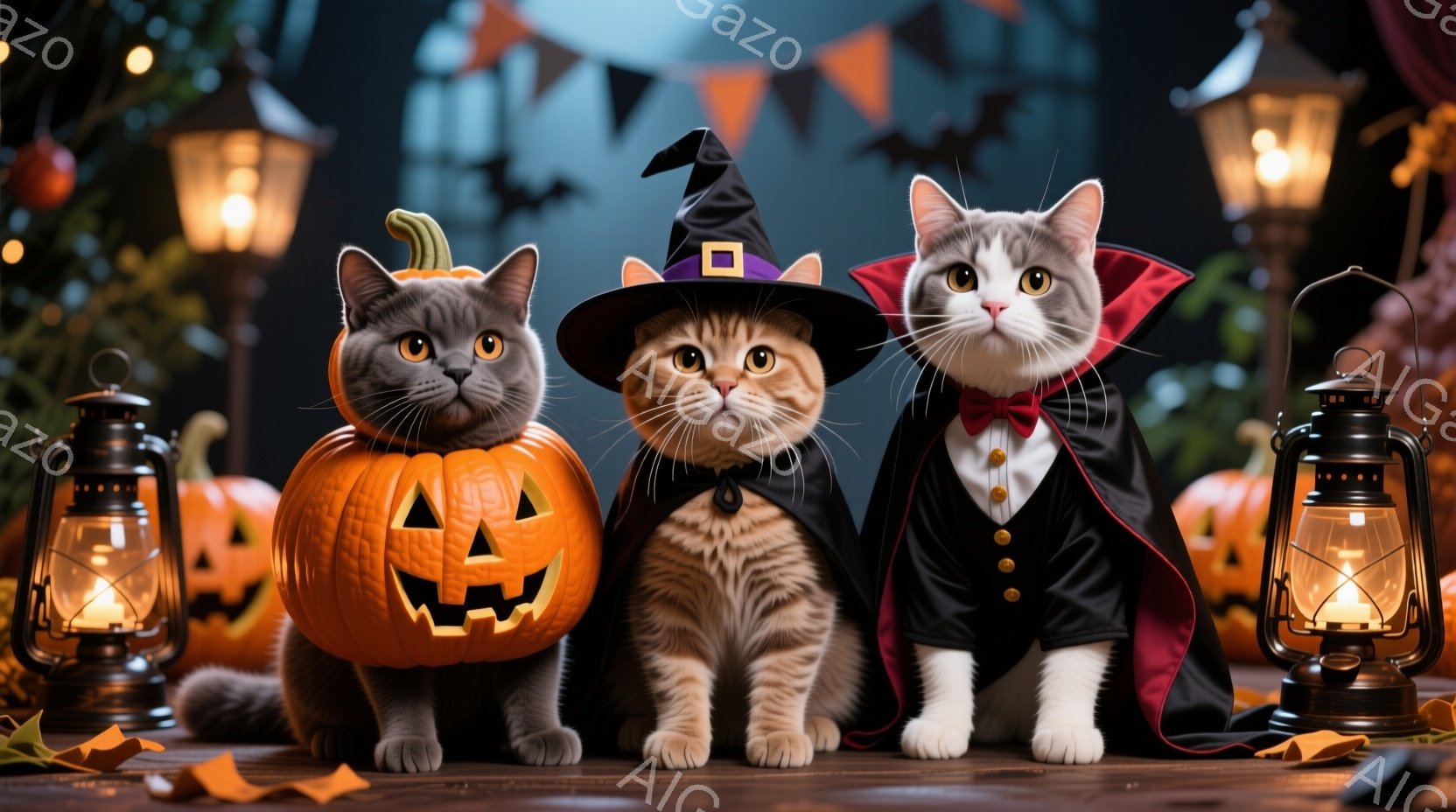 ハロウィーンをテーマにした猫たちが3匹、正面を向いて並んでいます。左の猫はカボチャの中に頭を入れたように見え、中央の猫は魔女帽子をかぶり、右の猫は吸血鬼風の衣装を着ています。背景には、カボチャのランタ - AI生成フリー素材